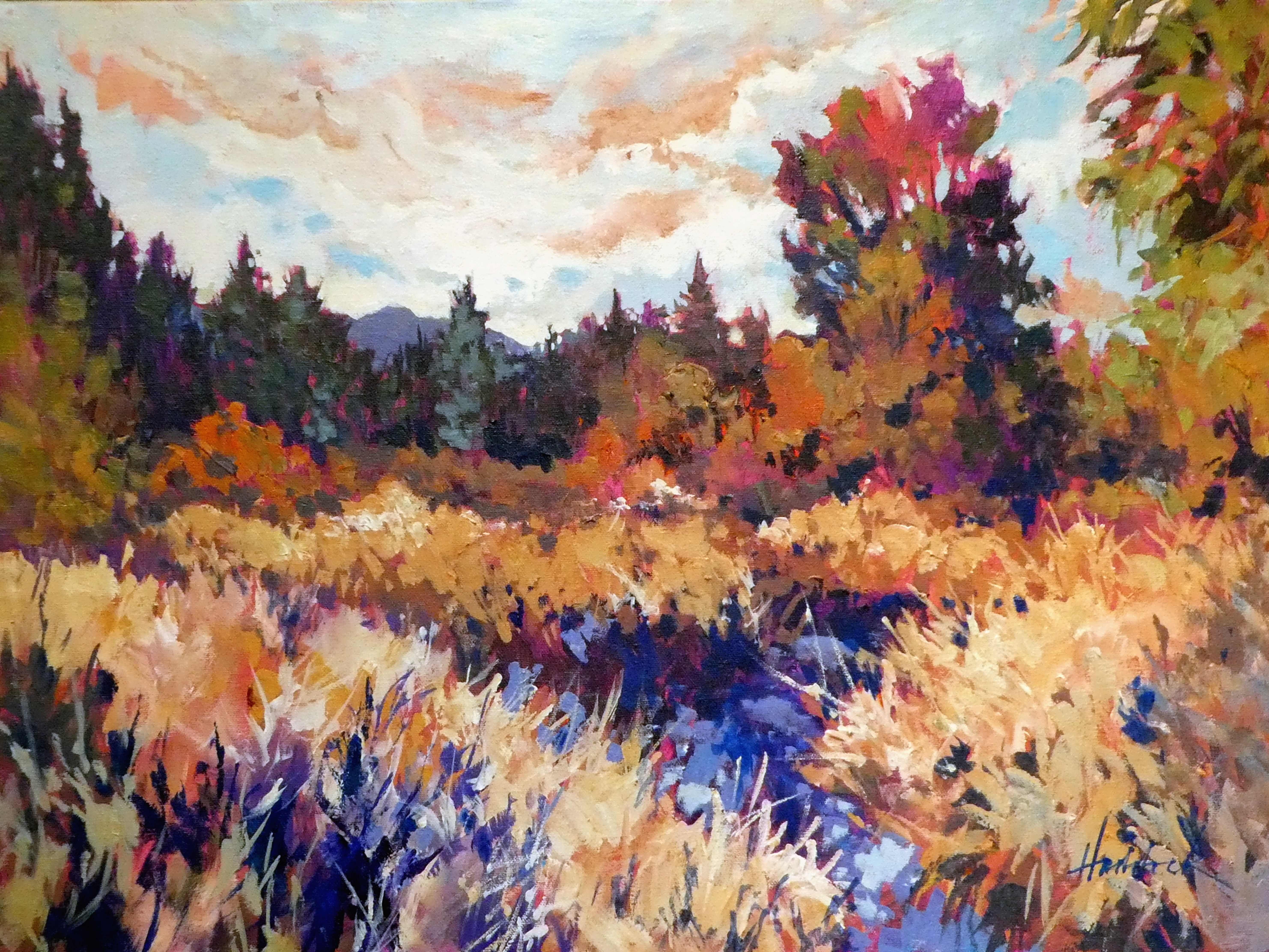 Fall grasses and trees line the banks of a creek which meanders through a floodplain. Painted on 3/4" deep stretched canvas, edges painted black, and wired ready to hang with or without a frame.  Protected from dust and UV light by a high quality