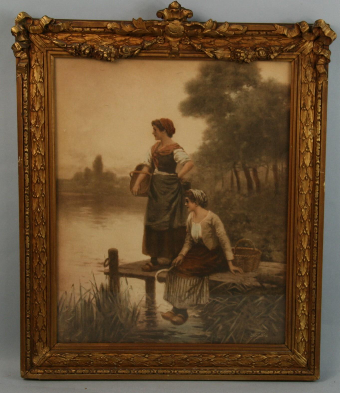 Antique Chromolithograph Two Women at Waters Edge 1905 - Brown Figurative Print by Perry Moran