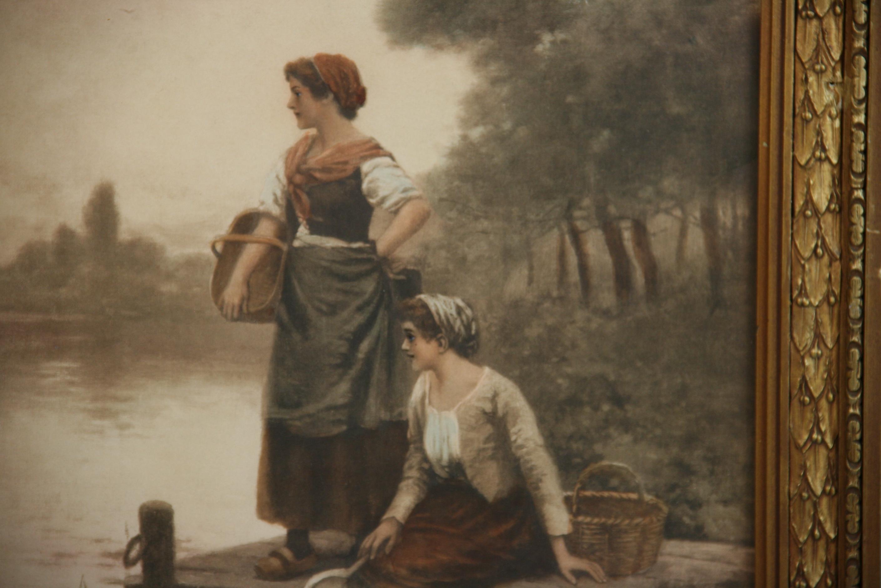 Perry Moran Figurative Print - Antique Chromolithograph Two Women at Waters Edge 1905