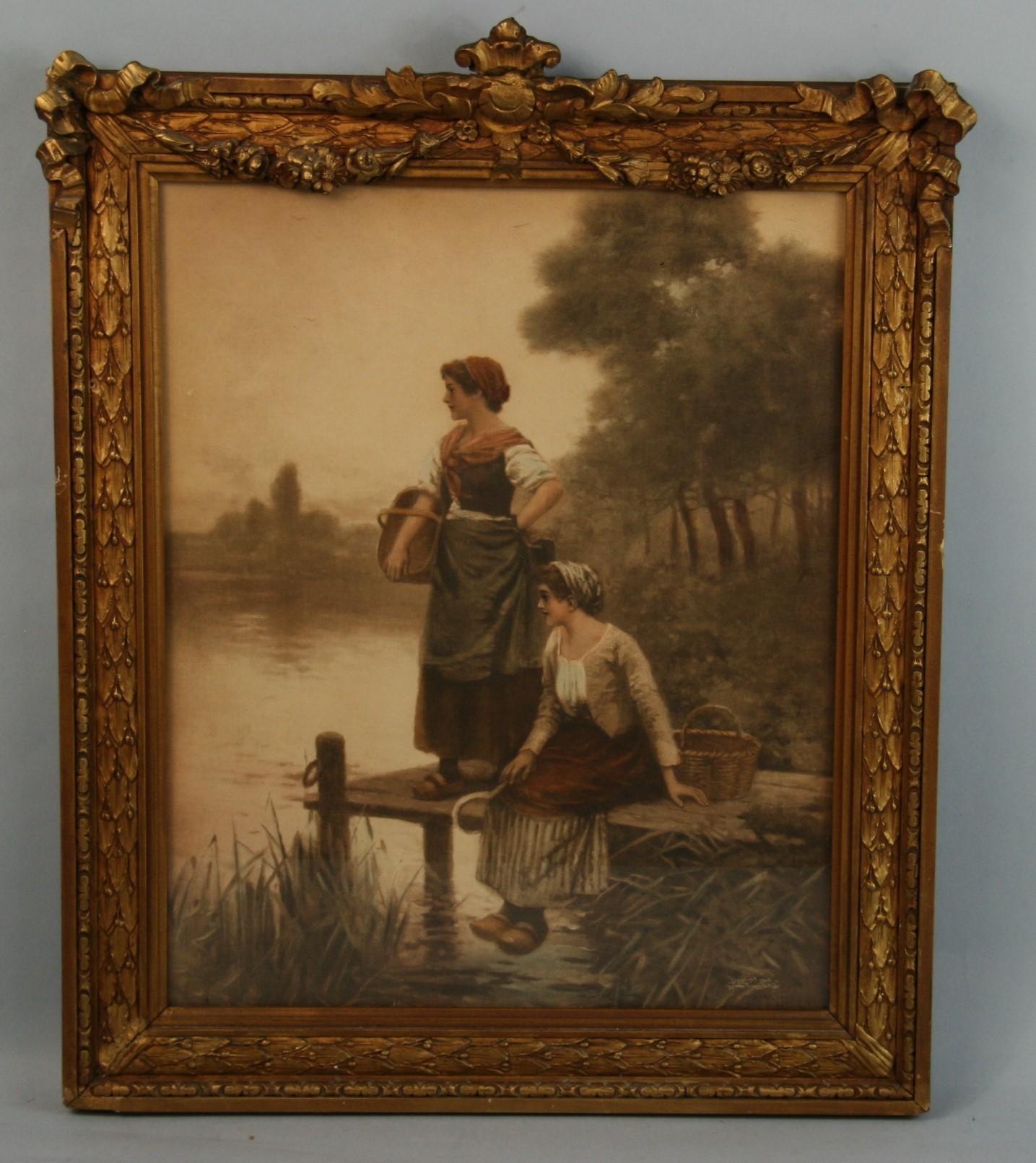 Antique Chromolithograph Two Women at Waters Edge 1905 - Print by Perry Moran