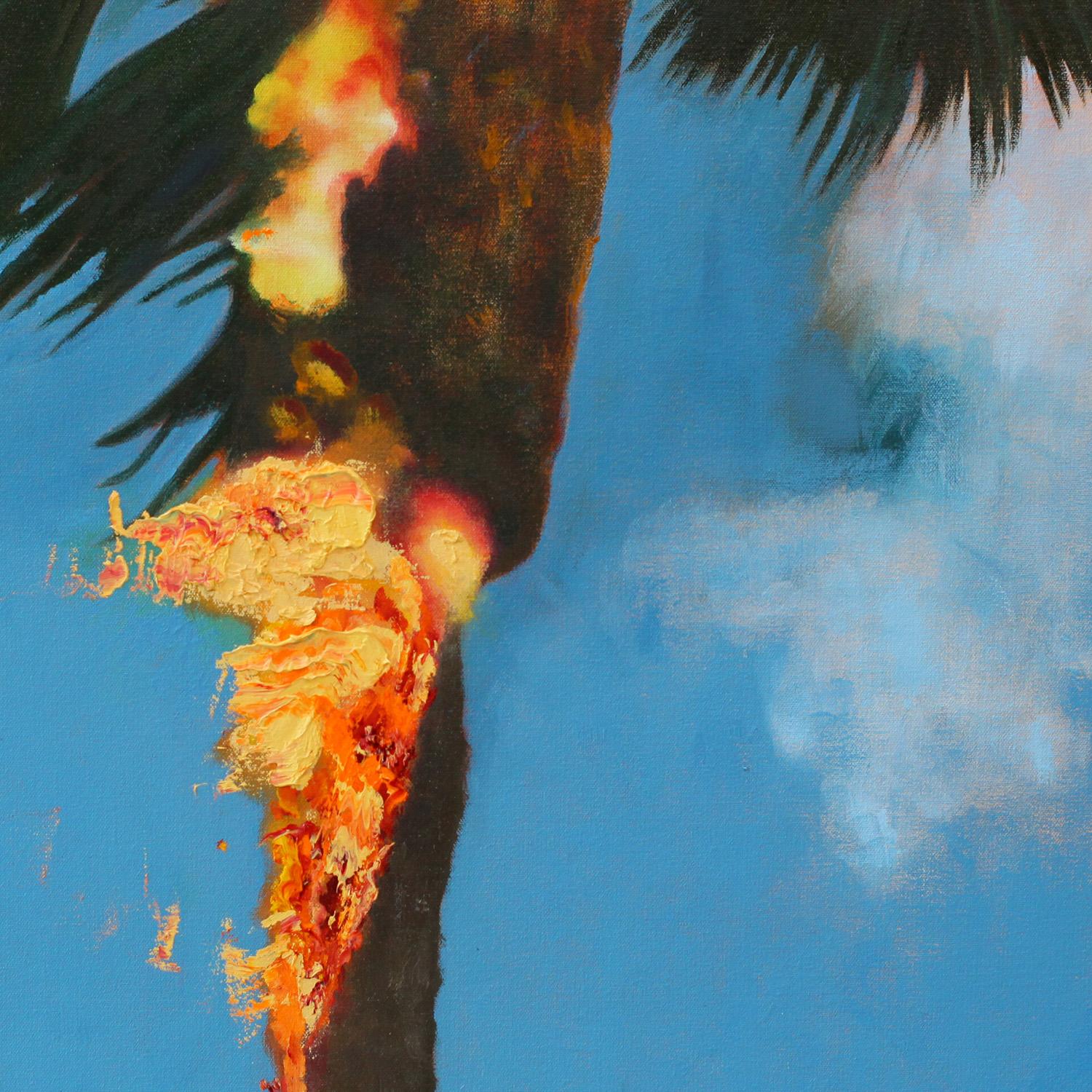 This is a one of a kind original conceptual realistic oil painting by local San Diego artist, Perry Vàsquez. Its dimensions are 28.5 x 96.5. It comes in a wooden neutral frame.

The artist has depicted a palm tree on fire against a blue sky