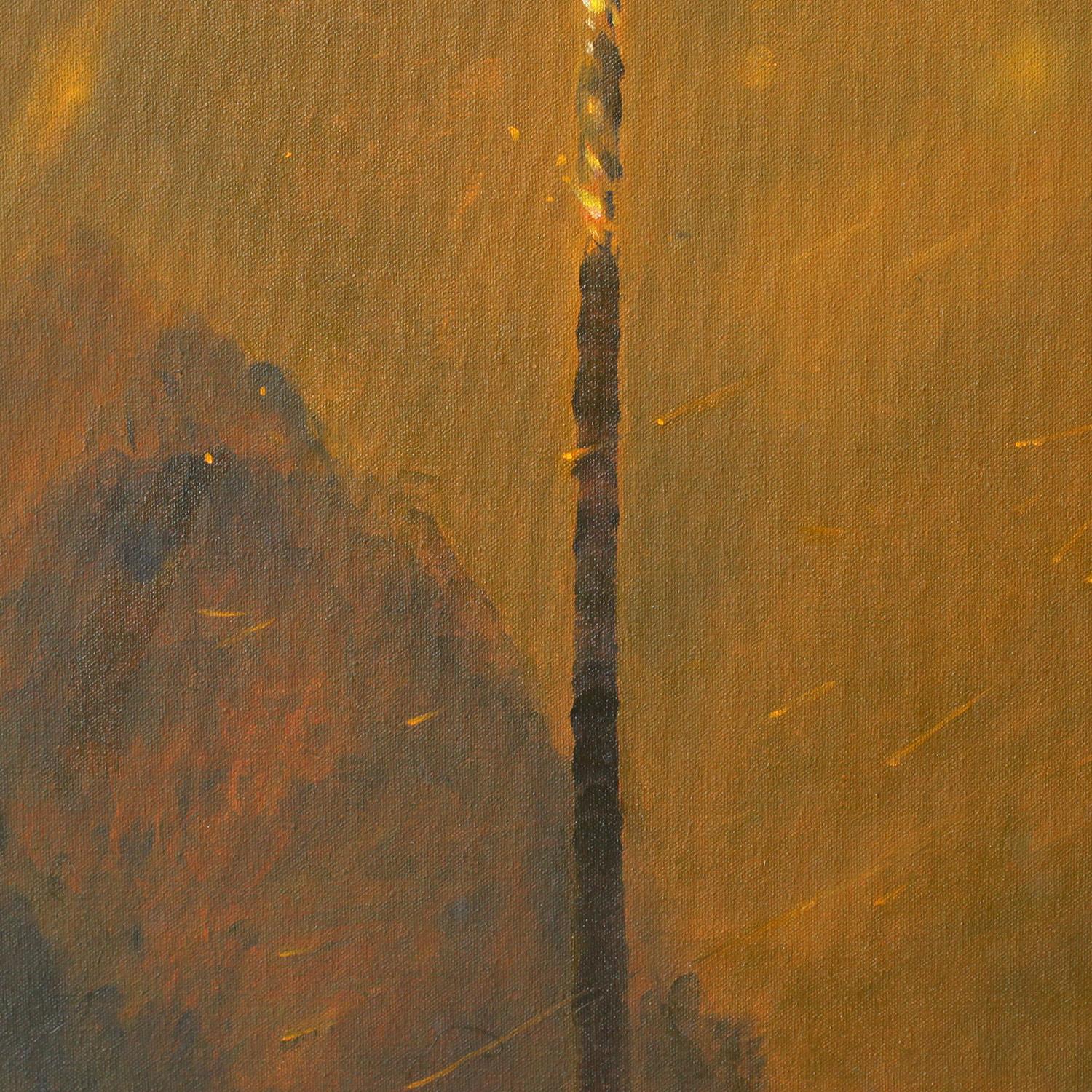 This is a one of a kind conceptual oil painting by local San Diego artist, Perry Vàsquez. Its dimensions are 16 x 48 (LxH). It is not framed. 

The artist has depicted a tall palm tree against an orange- yellow sky. The palm tree is on fire thus the
