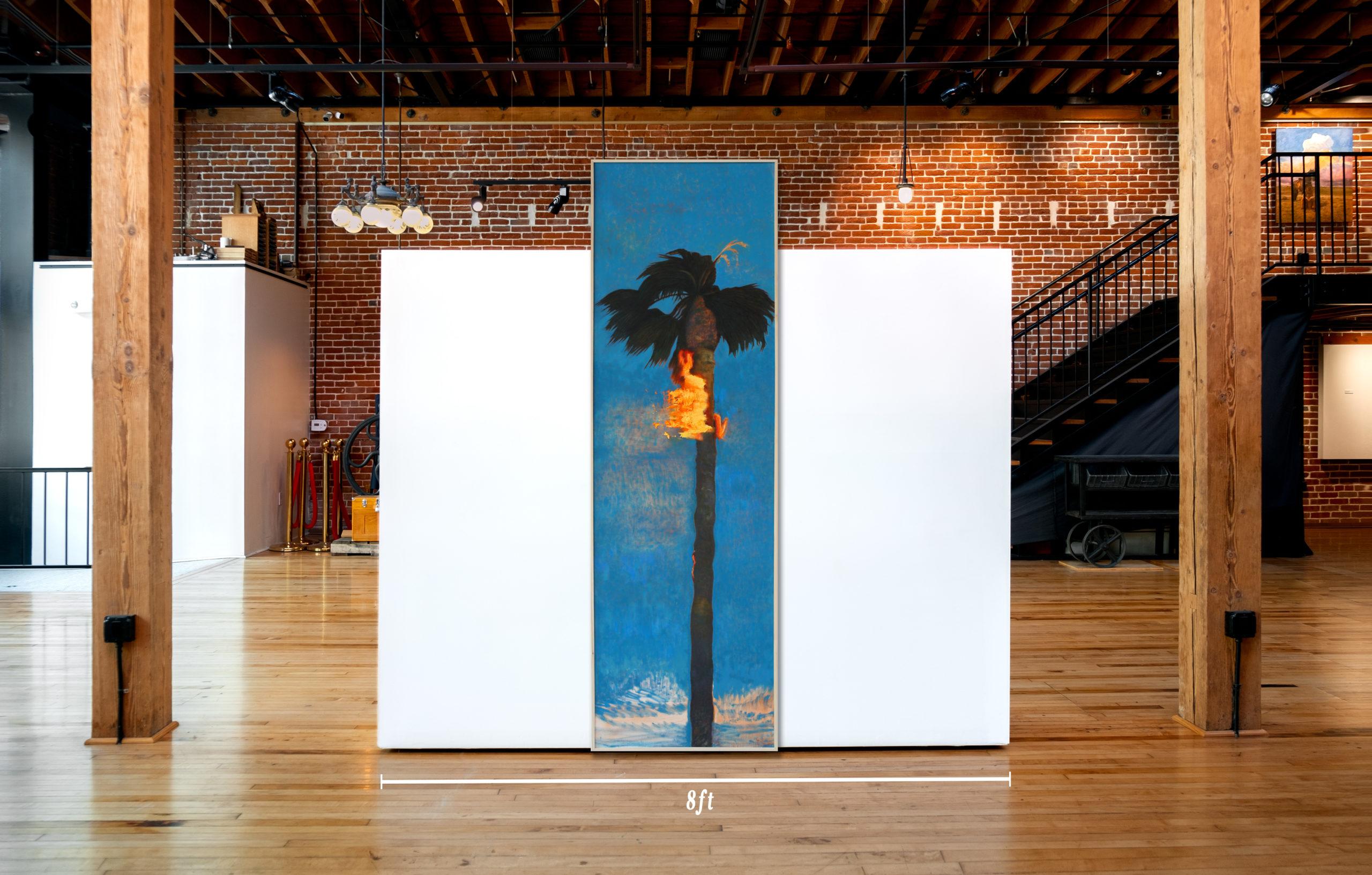 This is a one of a kind original conceptual realistic oil painting by local San Diego artist, Perry Vàsquez. Its dimensions are 28.5 x 96.5. It comes in a wooden neutral frame. 

The artist has depicted a palm tree on fire against a blue sky