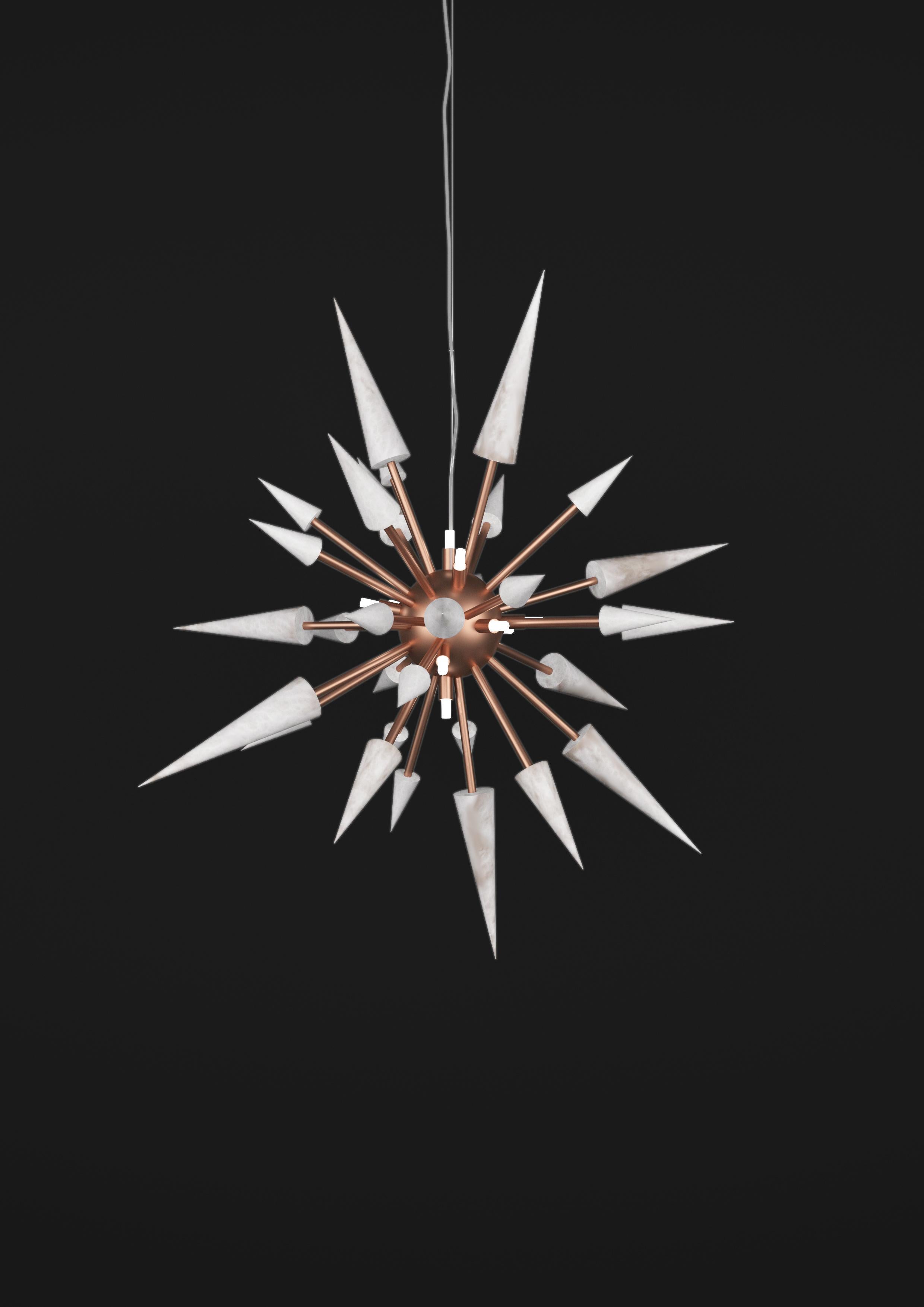 Perseo 100 Copper Pendant Lamp by Alabastro Italiano
Dimensions: Ø 100 x H 300 cm.
Materials: White alabaster and copper.

Available in different finishes: Shiny Silver, Bronze, Brushed Brass, Ruggine of Florence, Brushed Burnished, Shiny Gold,