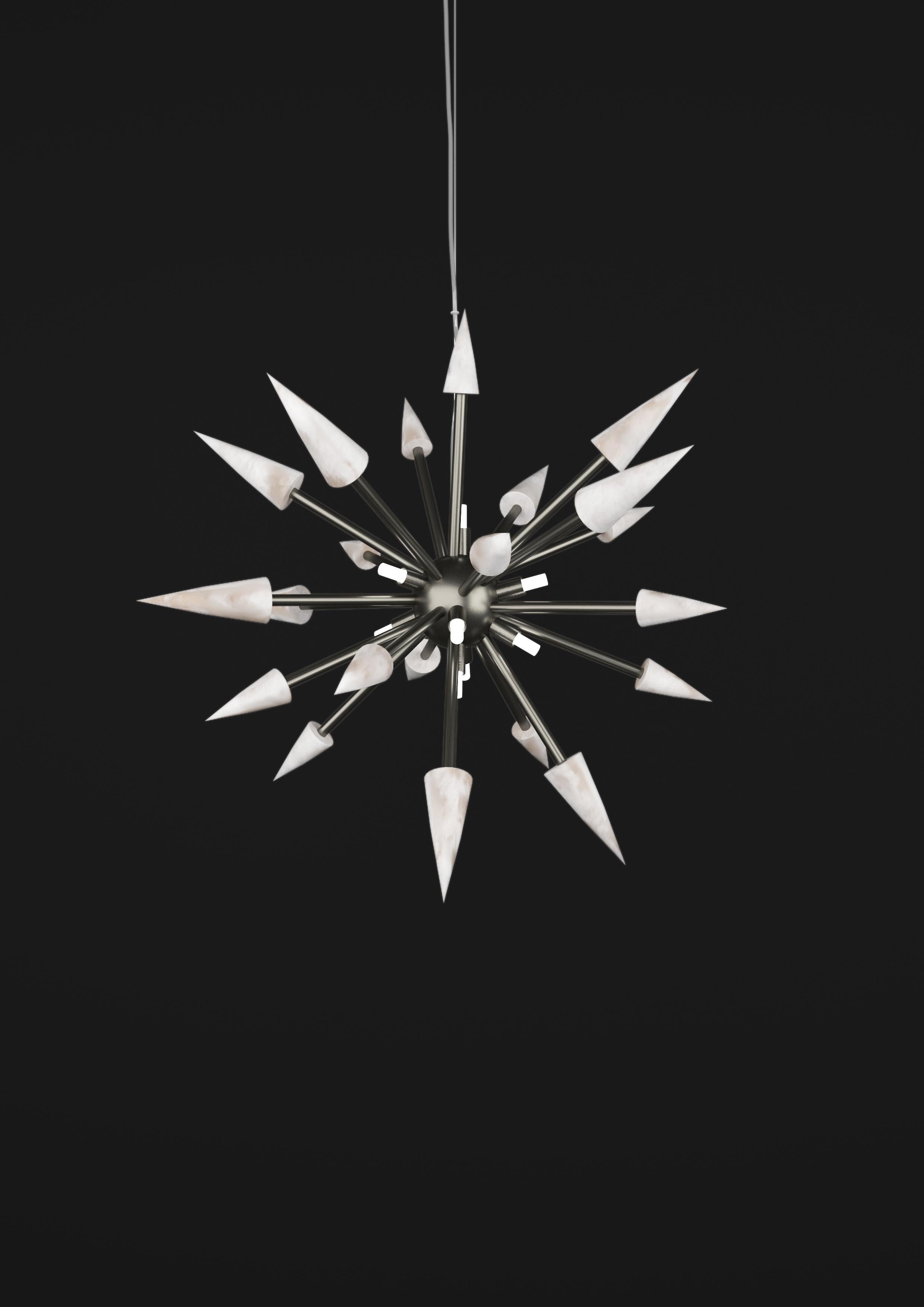 Perseo 50 Brushed Black Metal Pendant Lamp by Alabastro Italiano
Dimensions: Ø 50 x H 300 cm.
Materials: White alabaster and metal.

Available in different finishes: Shiny Silver, Bronze, Brushed Brass, Ruggine of Florence, Brushed Burnished, Shiny