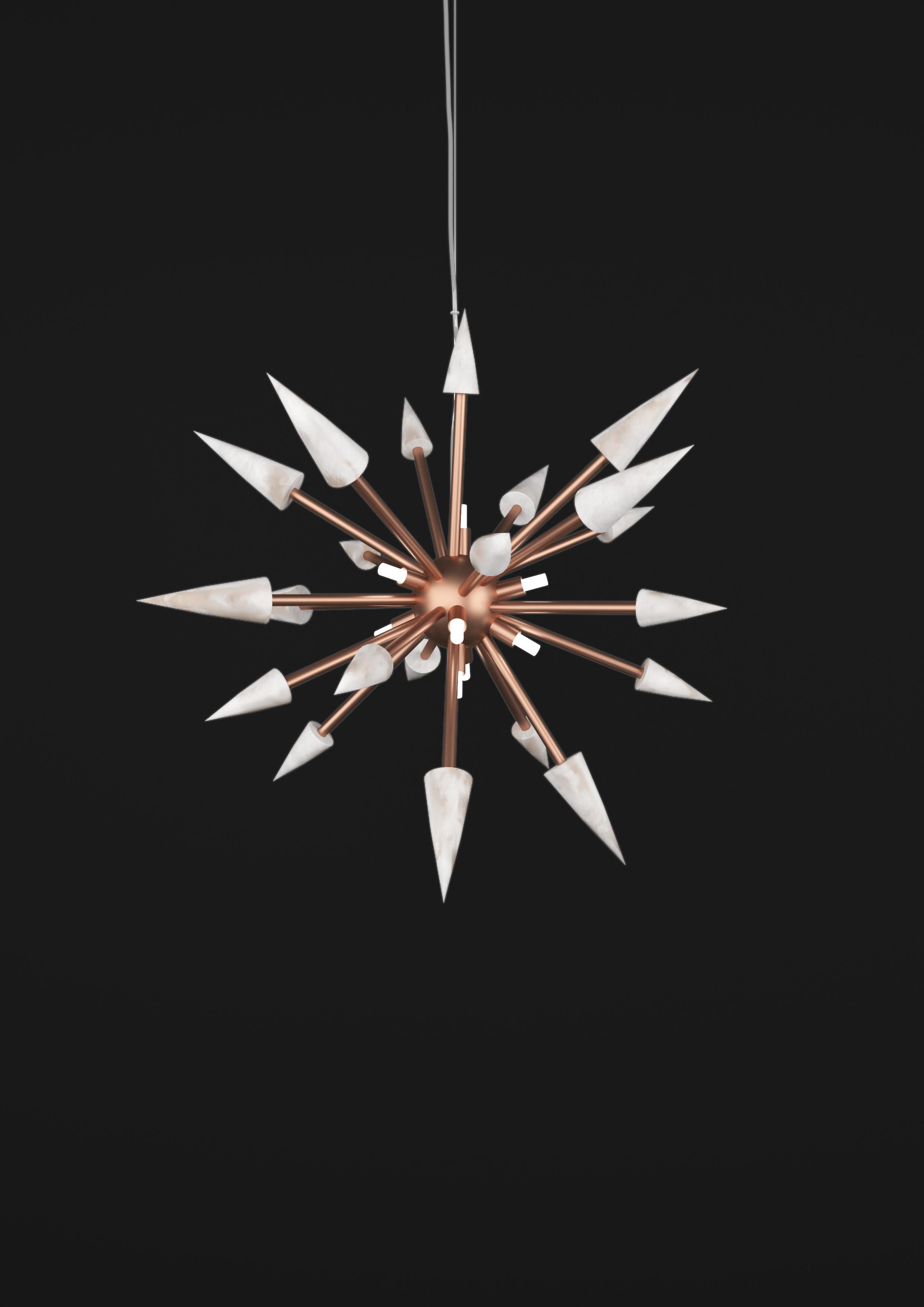 Perseo 50 Copper Pendant Lamp by Alabastro Italiano
Dimensions: Ø 50 x H 300 cm.
Materials: White alabaster and copper.

Available in different finishes: Shiny Silver, Bronze, Brushed Brass, Ruggine of Florence, Brushed Burnished, Shiny Gold,