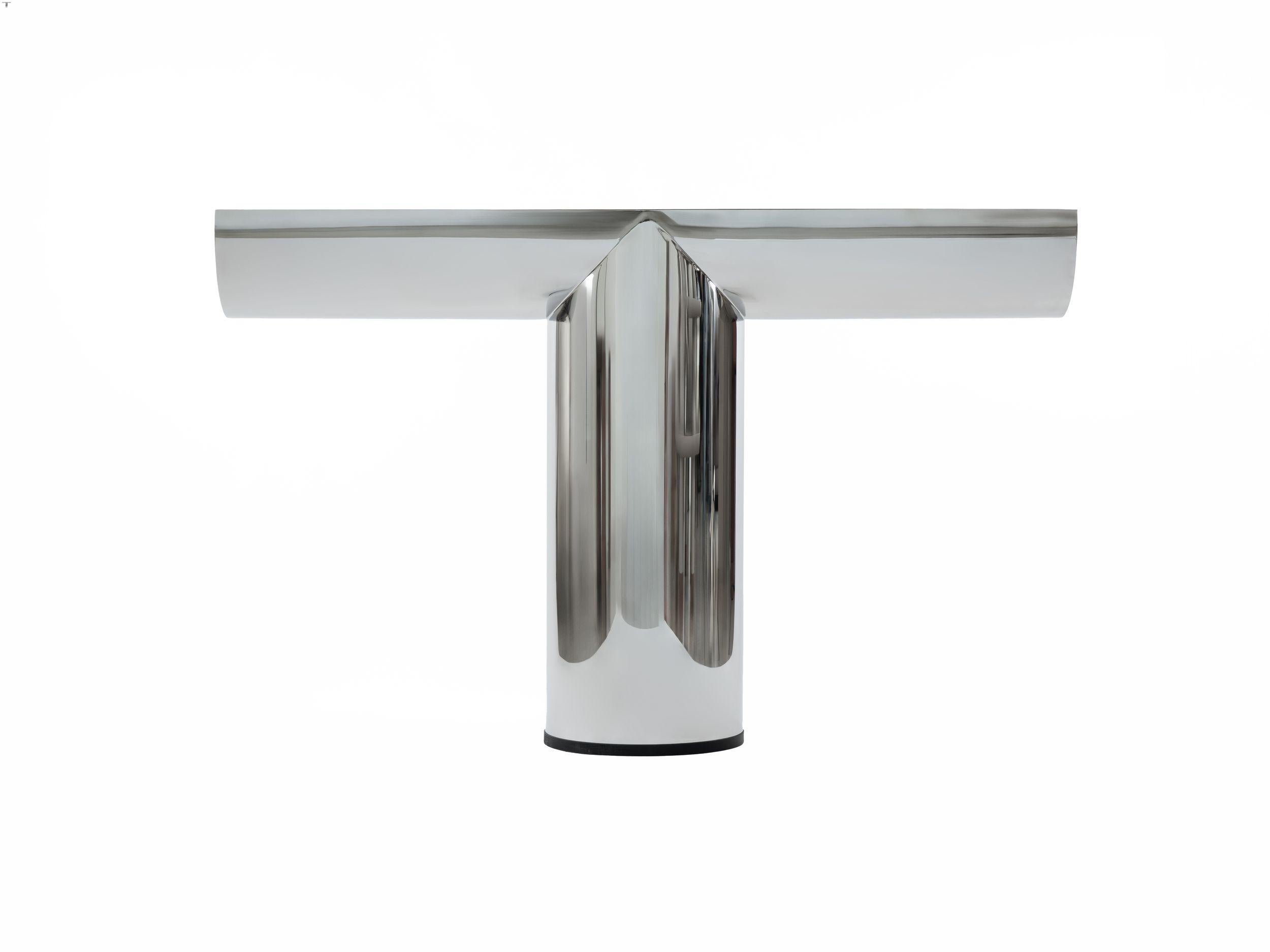 Perseo Console in Polished Steel with Marble Top Insert by Ultramobili
Dimensions:  W 148.3 x D 36 x H 91.6 cm
Materials: Polished stainless steel console with cylinder leg. Structure in steel, polished finish, top insert in