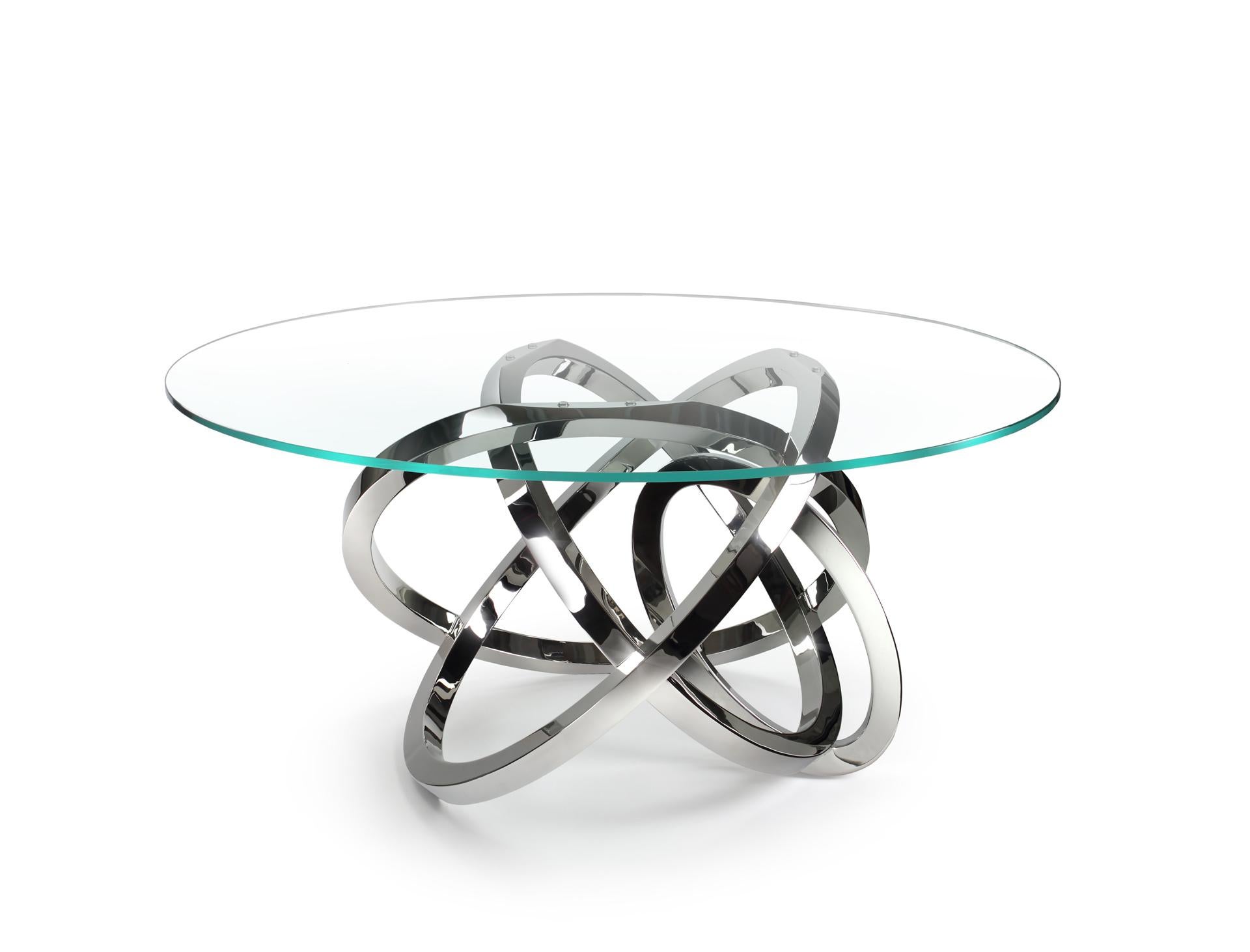 Table de salle à manger Perséo par Barberini & Gunnell
Édition limitée à 30 exemplaires
Dimensions : D 160 x H 75 cm.
Matériaux : Verre de cristal trempé extra-clair, acier inoxydable poli miroir.

La table 'Steele' est une table de salle à manger