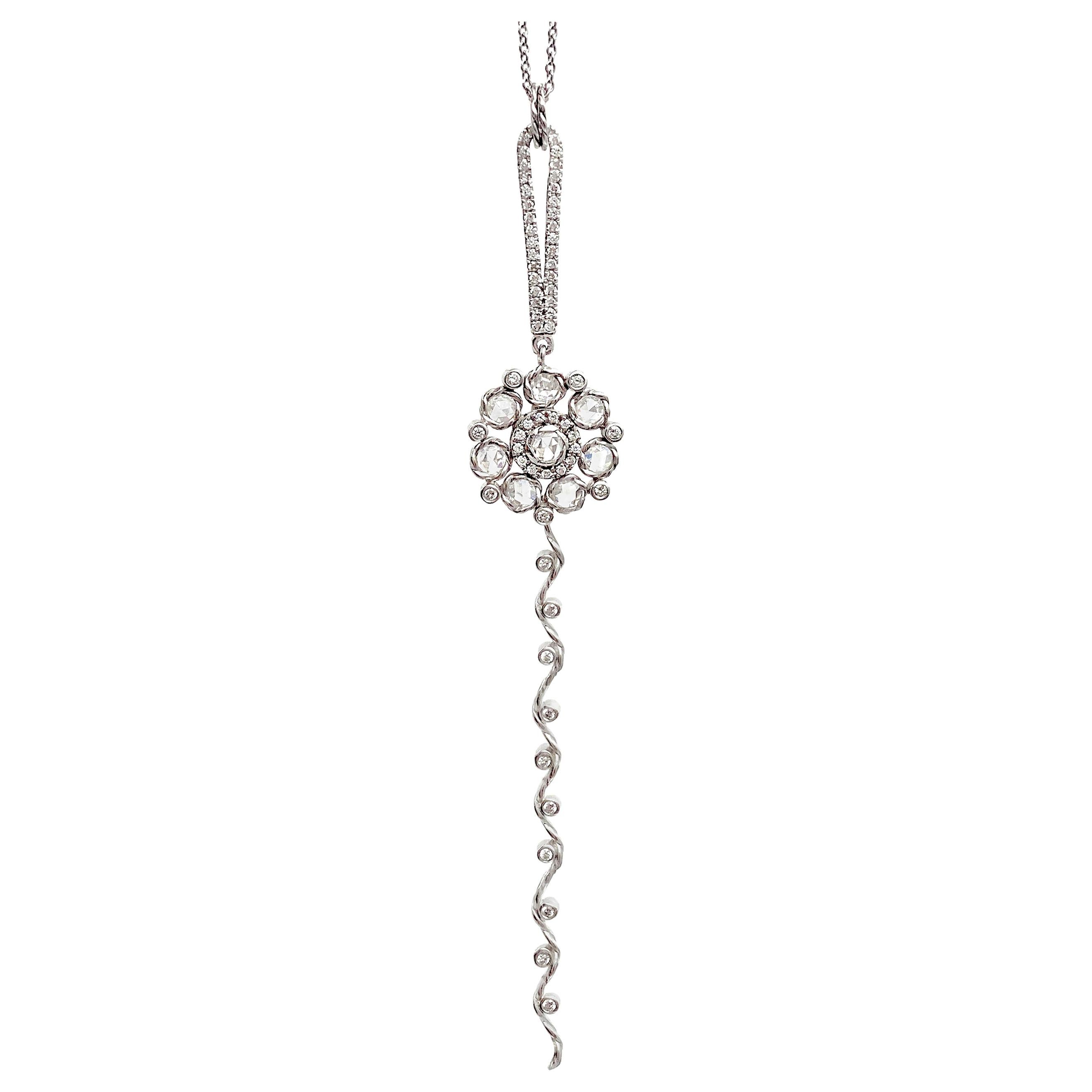 Persephone 14 Karat White Gold Rose Cut Diamond Floral Pendant Necklace For Sale