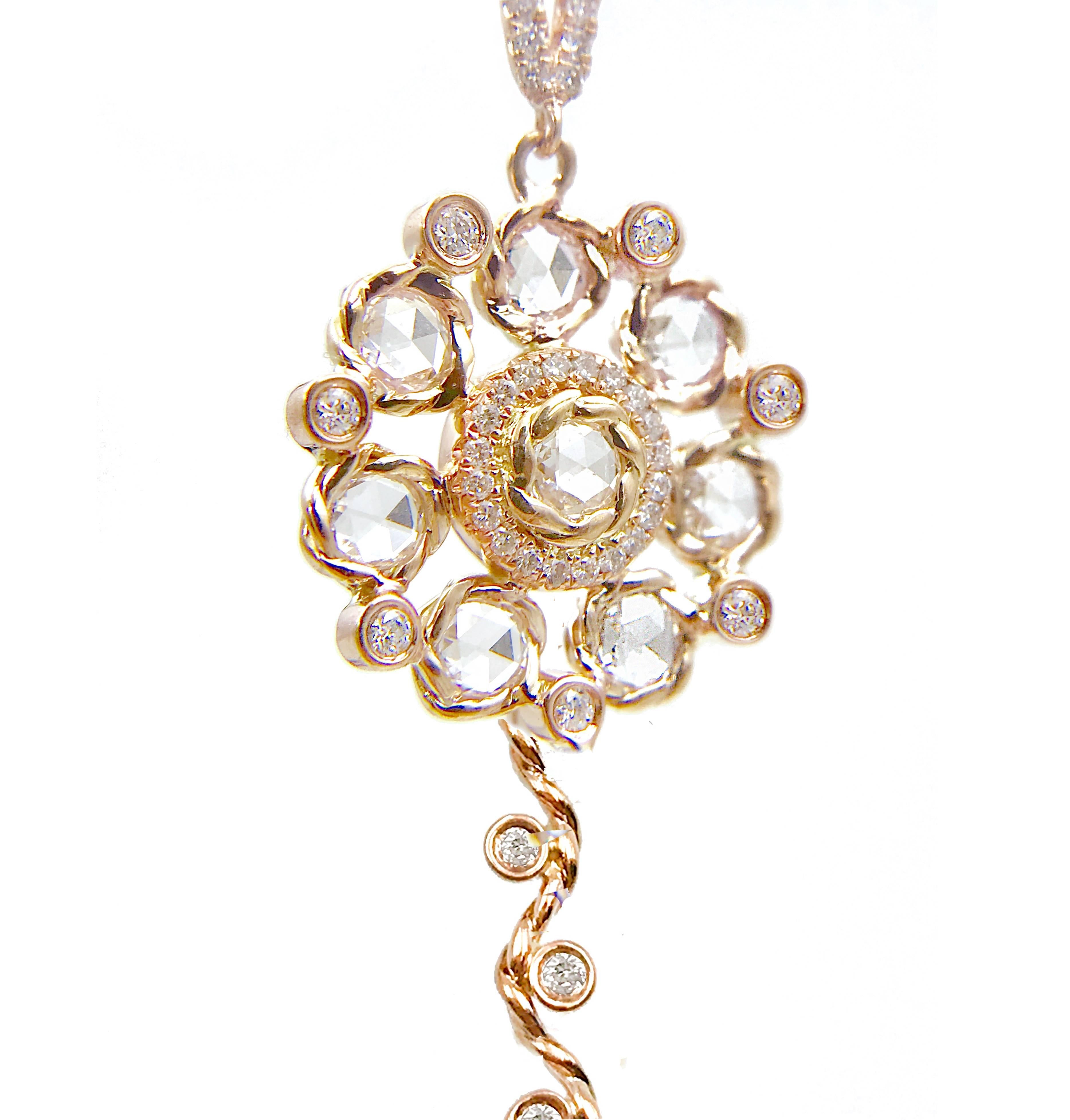 PERSEPHONE rose-cut diamond bouquet pendant necklace featuring a 15mm rose cut diamond bouquet, that has 8 rose cut diamond wrapped in our signature twist bezels and complemented by micro pavé diamond inner halo and 7 small bezel set diamonds. The