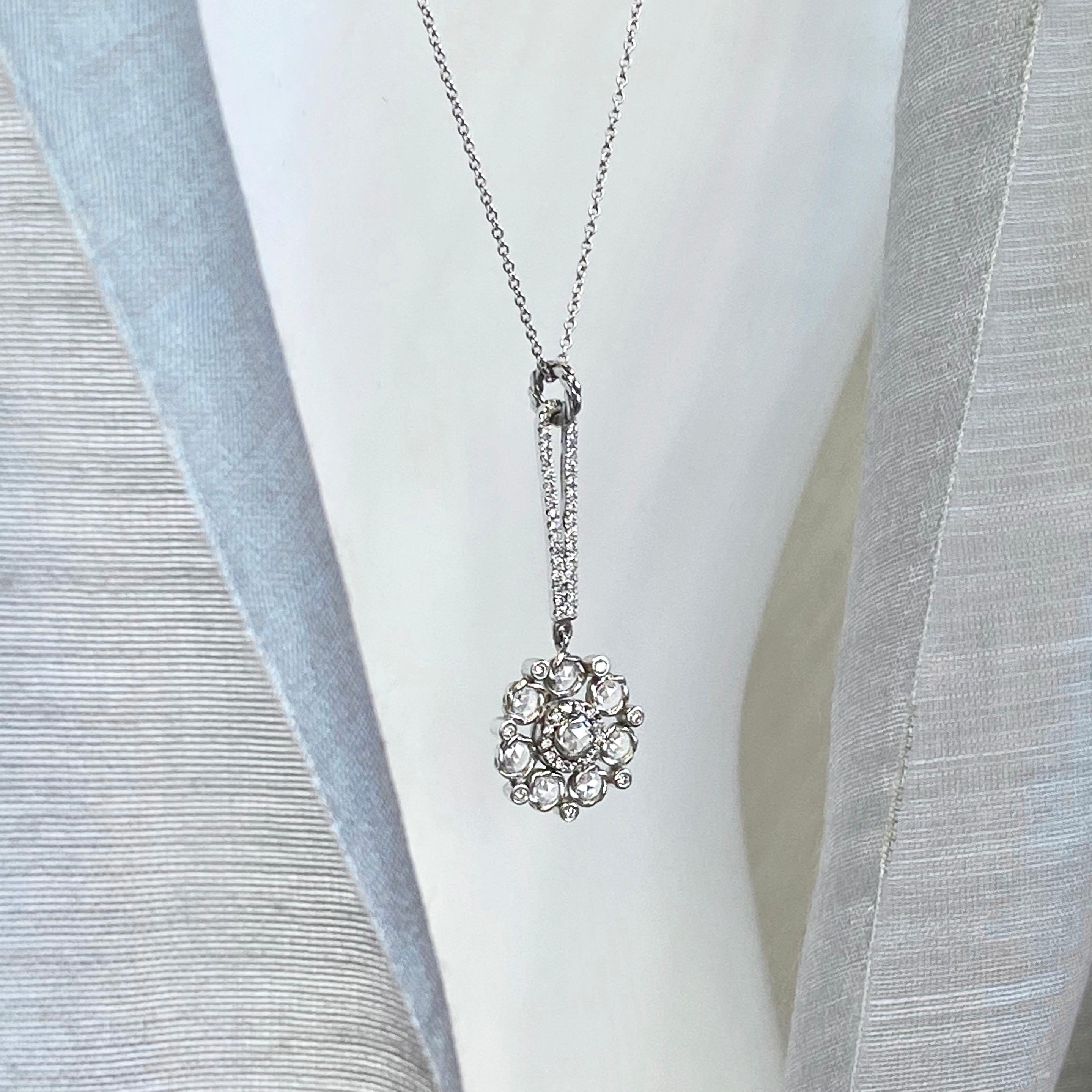 Persephone 14 Karat White Gold Rose Cut Diamond Floral Pendant Necklace For Sale 2