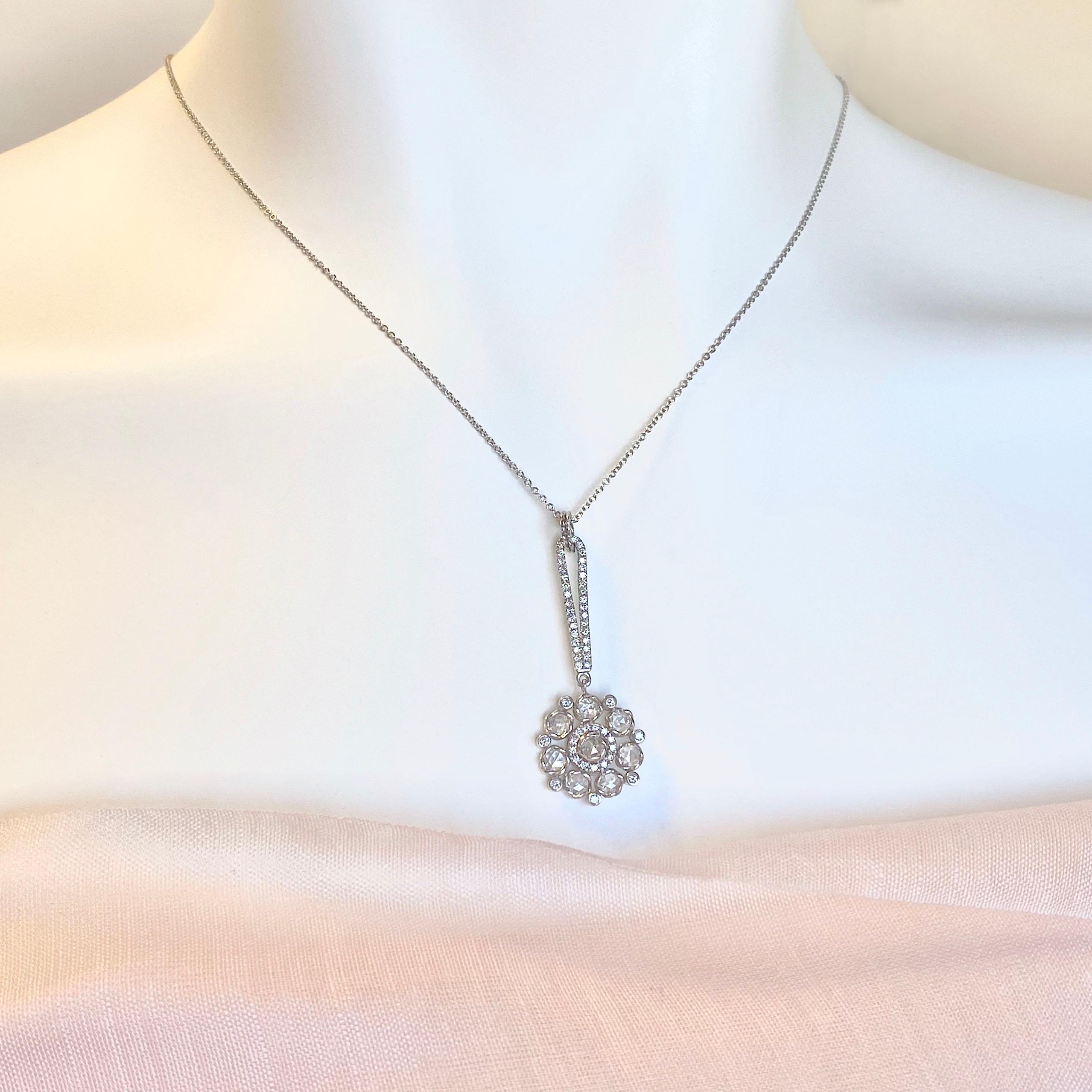Persephone 14 Karat White Gold Rose Cut Diamond Floral Pendant Necklace For Sale 7