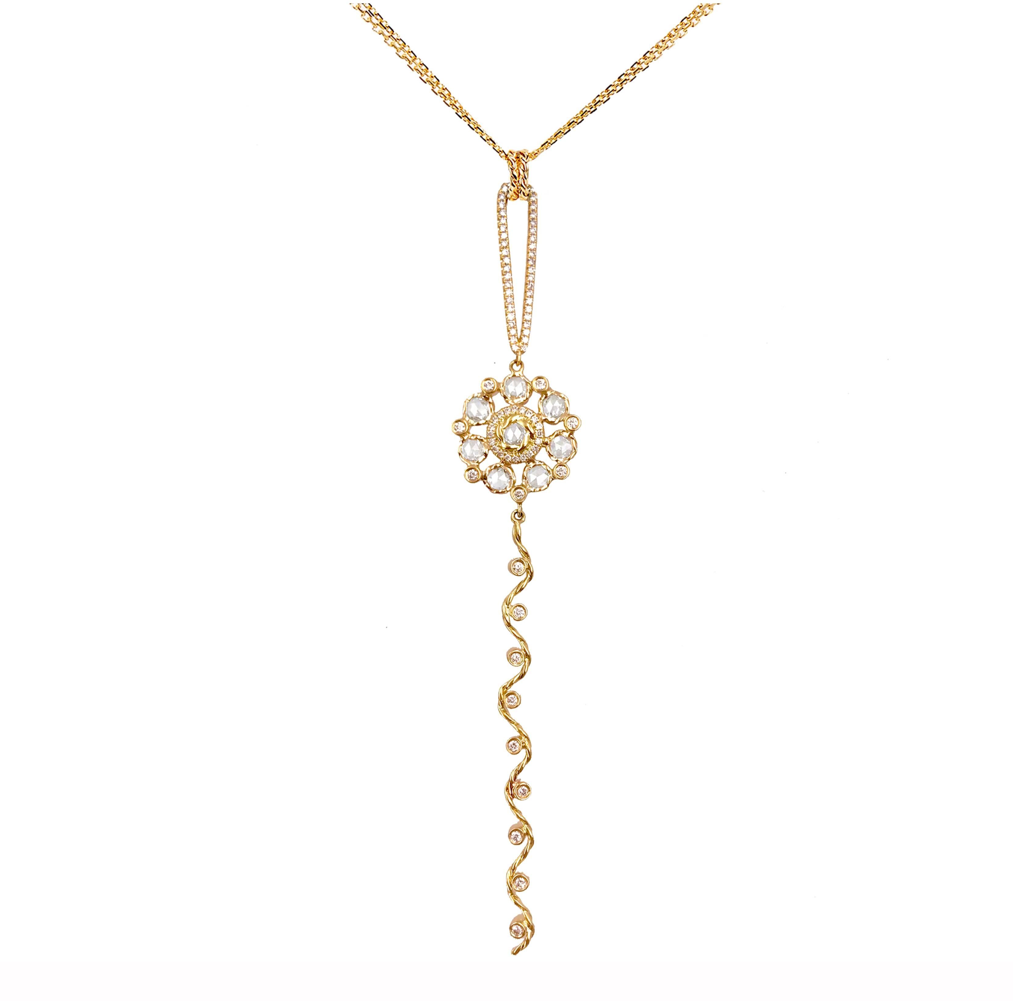 Persephone 14 Karat White Gold Rose Cut Diamond Floral Pendant Necklace For Sale 8