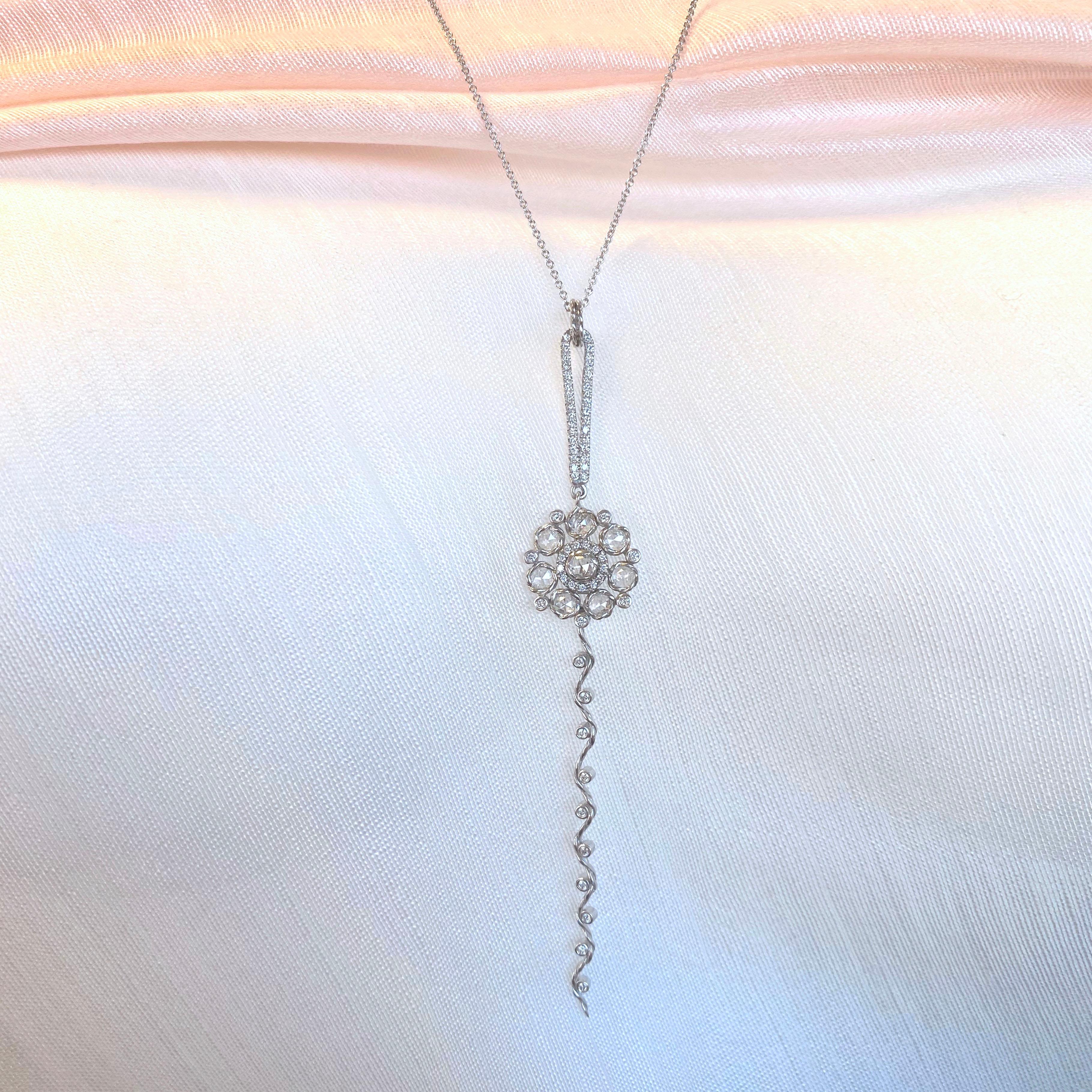 Persephone 14 Karat White Gold Rose Cut Diamond Floral Pendant Necklace For Sale 1