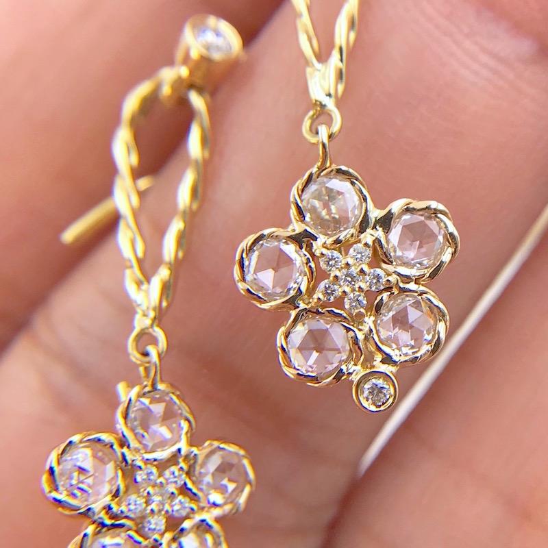 Rose Cut Persephone 18K Rose-Cut Diamond Flower & Vine Detachable Dangle Earrings  For Sale