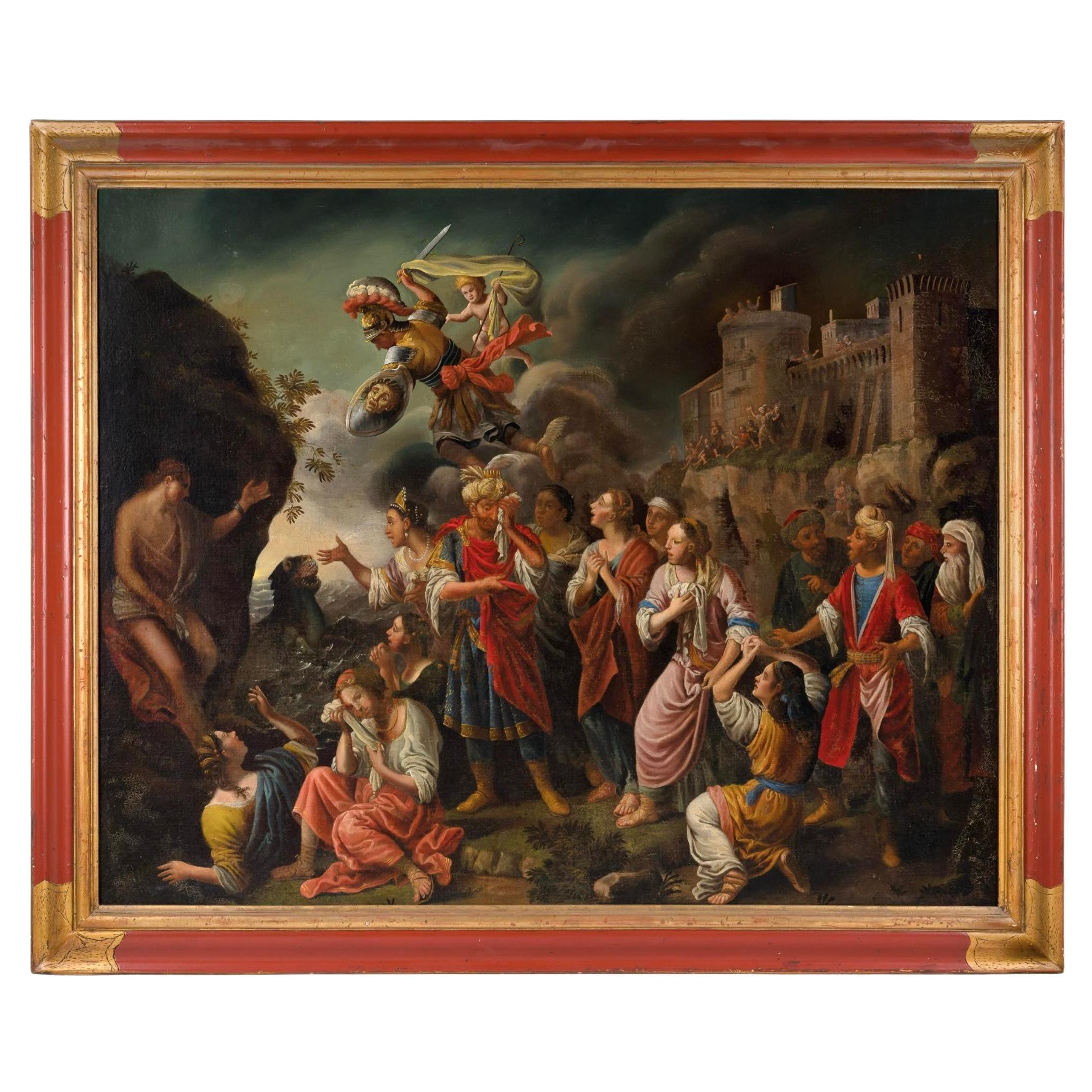 "Perseo rescatando a Andrómeda" Óleo sobre lienzo Pintura antigua grande