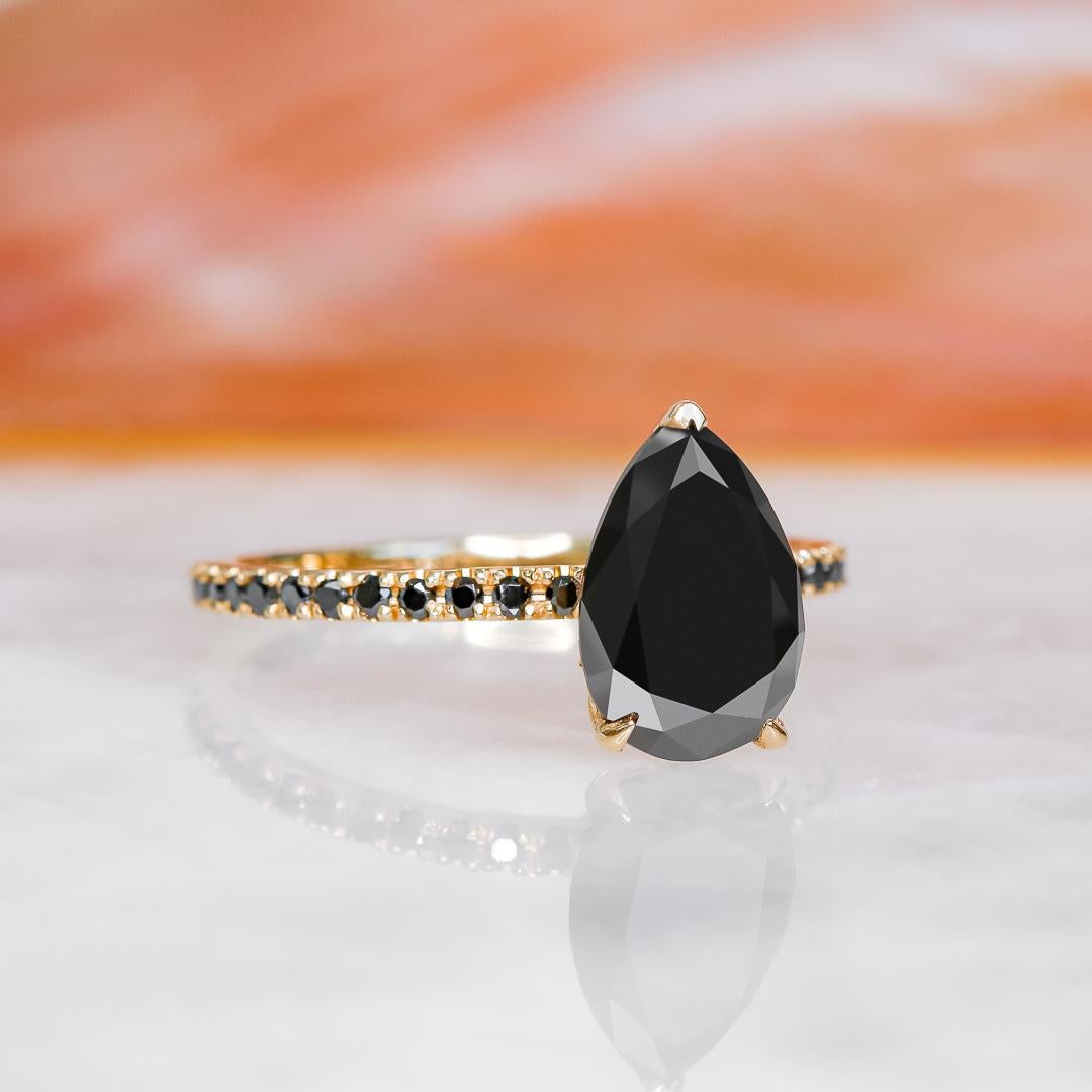 Art Deco Perseus Unique Natural Black Diamond Pear Engagement Ring - 2.20 Ct For Sale