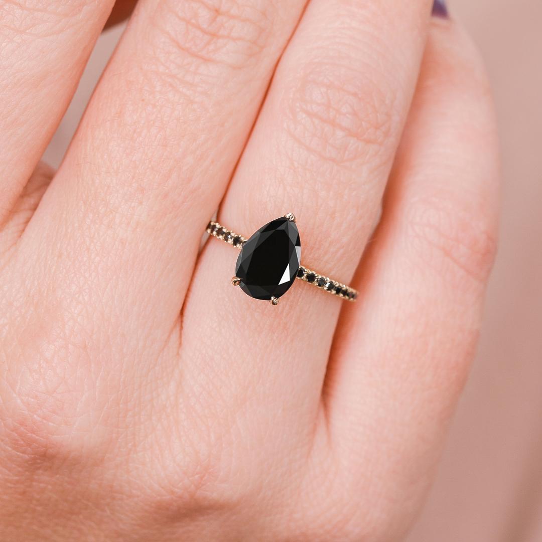 Women's Perseus Unique Natural Black Diamond Pear Engagement Ring - 2.20 Ct For Sale