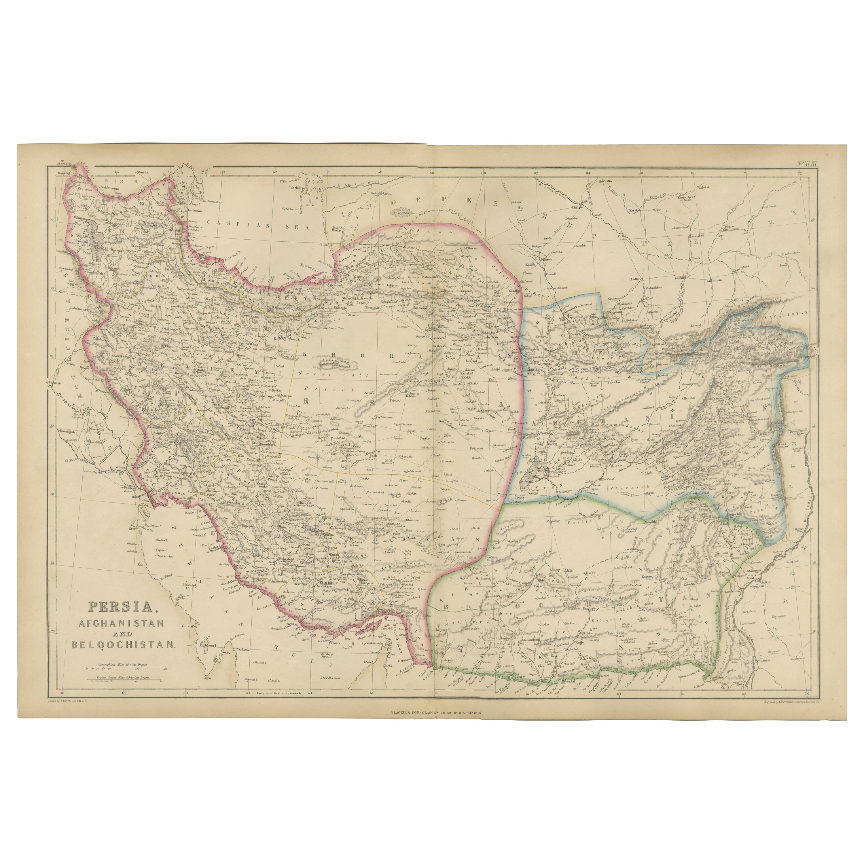 Perse, Afghanistan et Beloochistan, Carte ancienne de la région de l'Iran, Blackie 1860