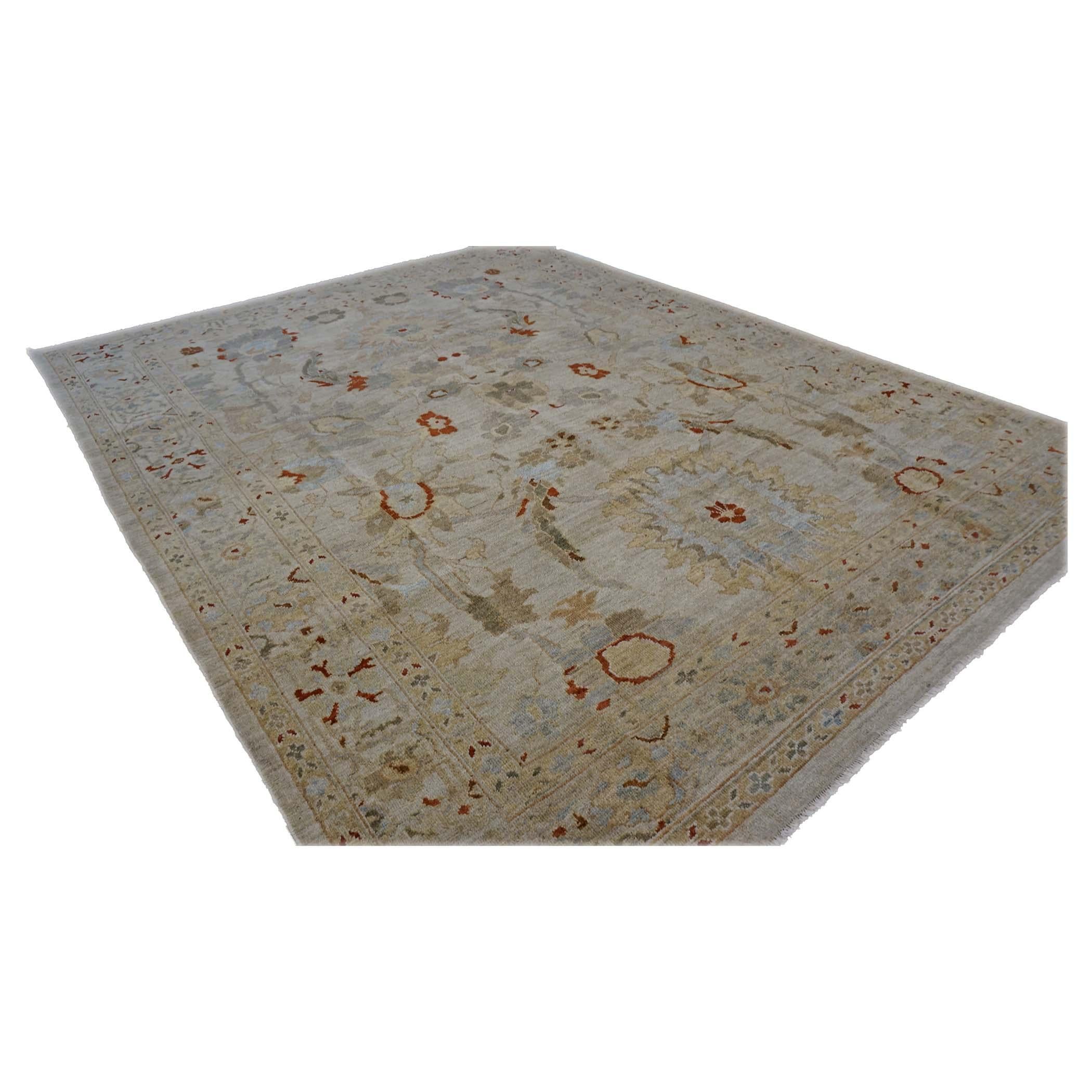 Persia Sultanabad Wool 8x10 Ivory, Tan, Green & Red Handmade Area Rug (Handgeknüpft) im Angebot