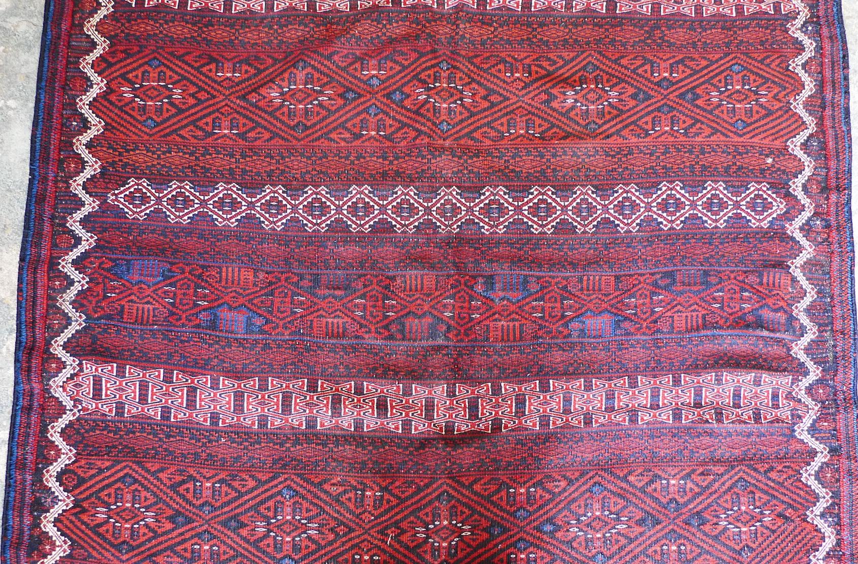 Dyed Persian 1940s Balochistan Soumak Flatweave Wool Rug For Sale
