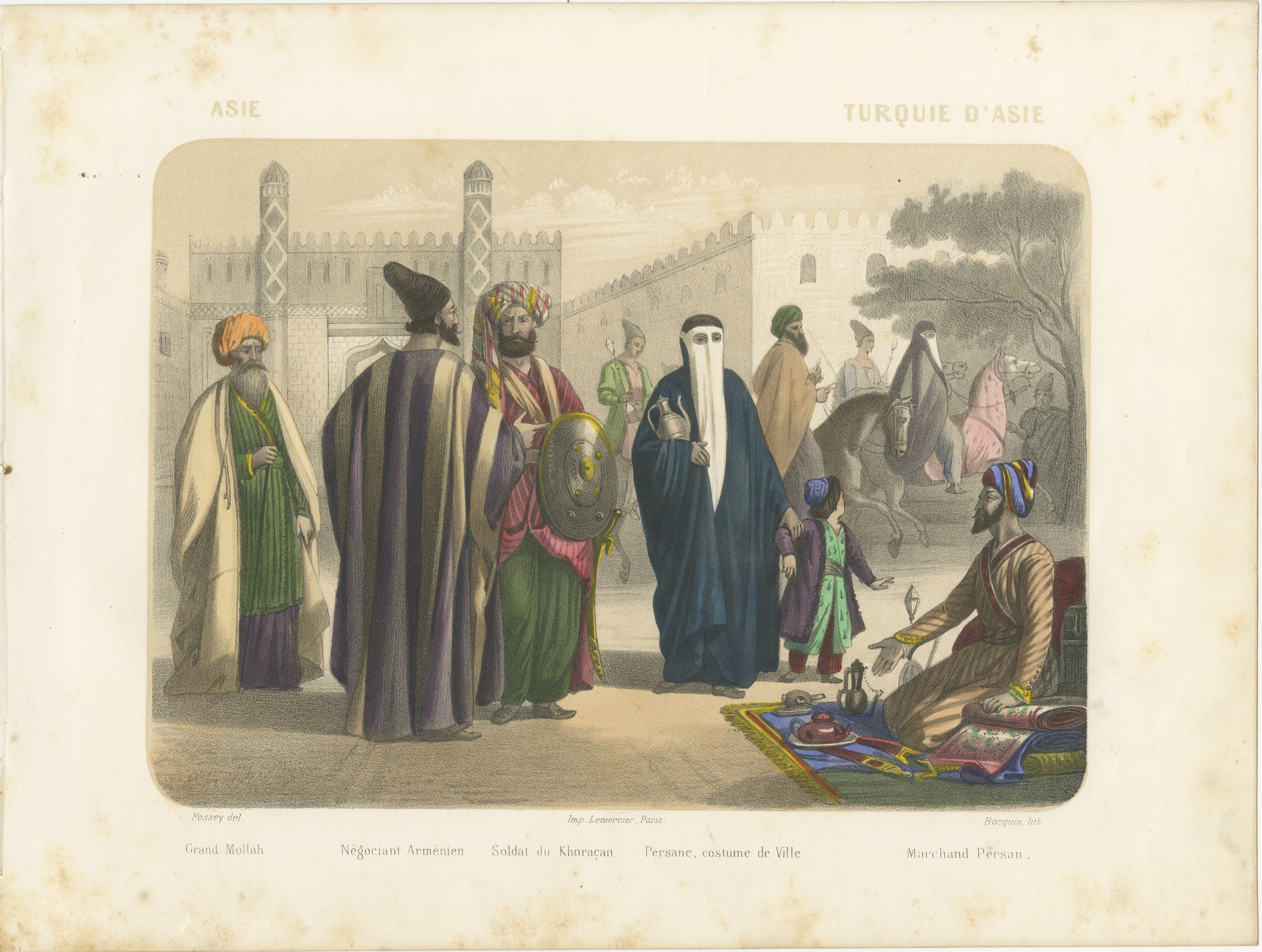Persian and Armenian Figures – Asia Minor and Khorasan Costumes, c.1845

This magnificent hand-colored lithograph, titled “Asie – Turquie d’Asie,” is drawn from the renowned Parisian series *Le Monde en Estampes: Types et Costumes des Principaux