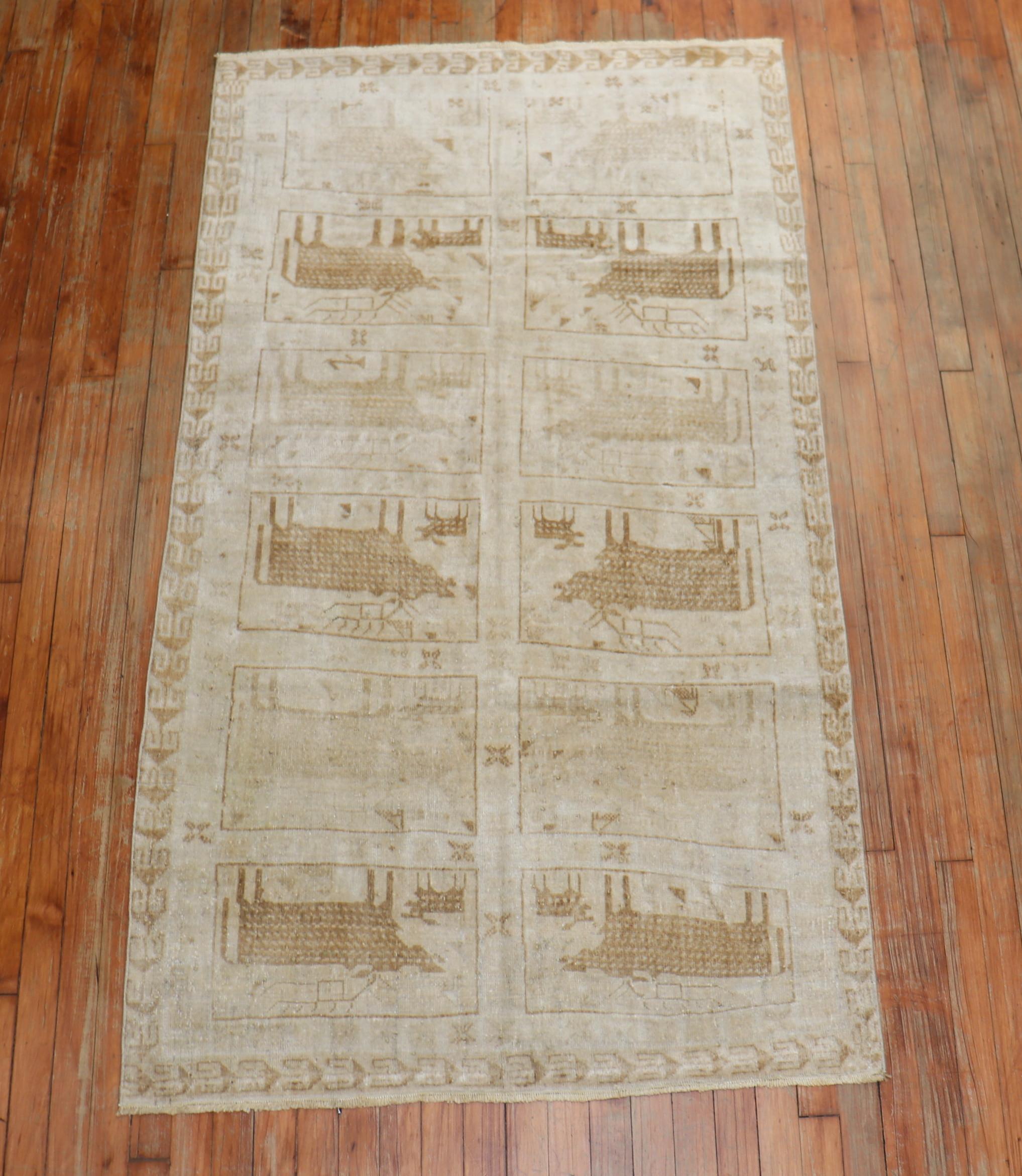 Folk Art Persian Animal Motif Goat Deer Scatter Neutral Color Rug