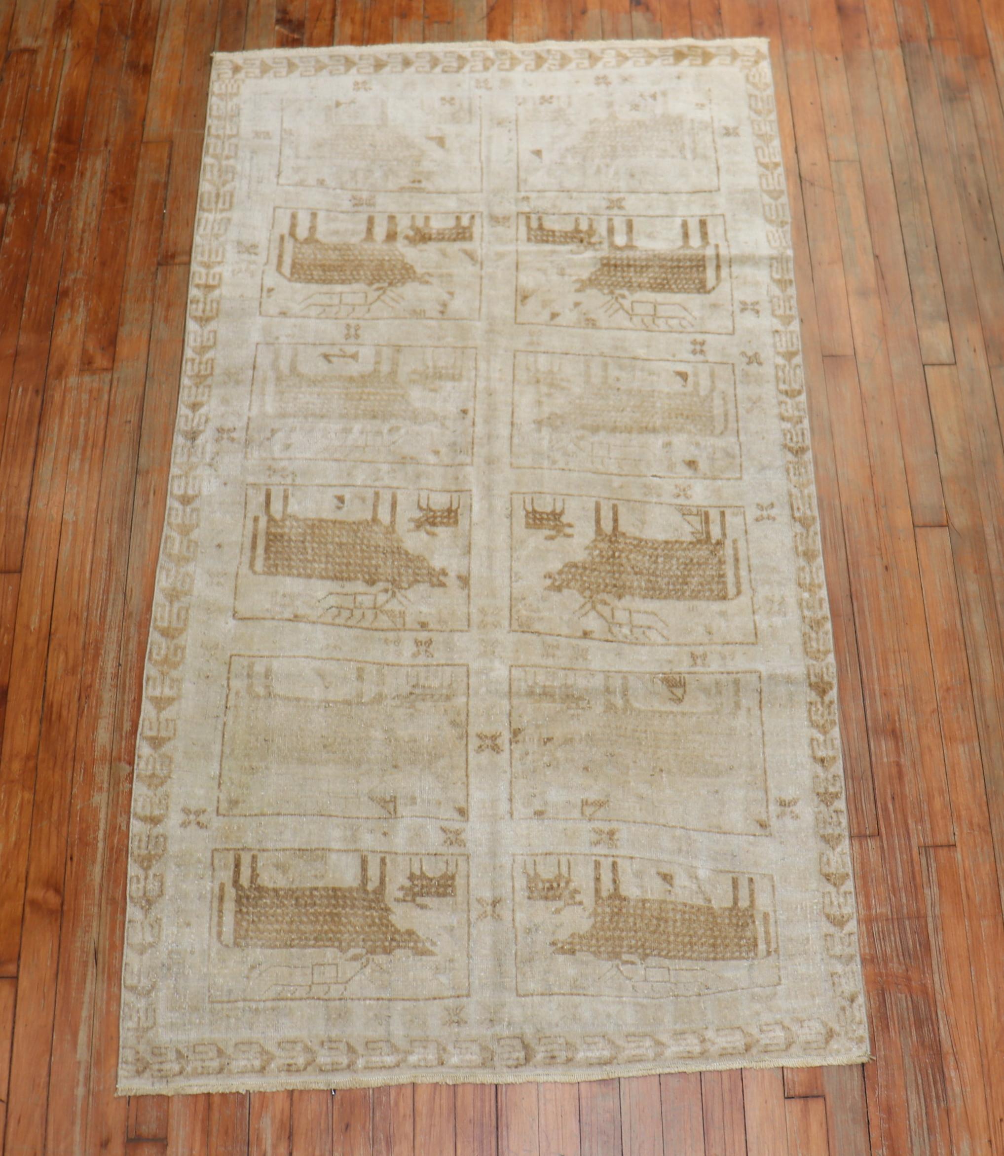 Folk Art Persian Animal Motif Goat Deer Scatter Neutral Color Rug For Sale