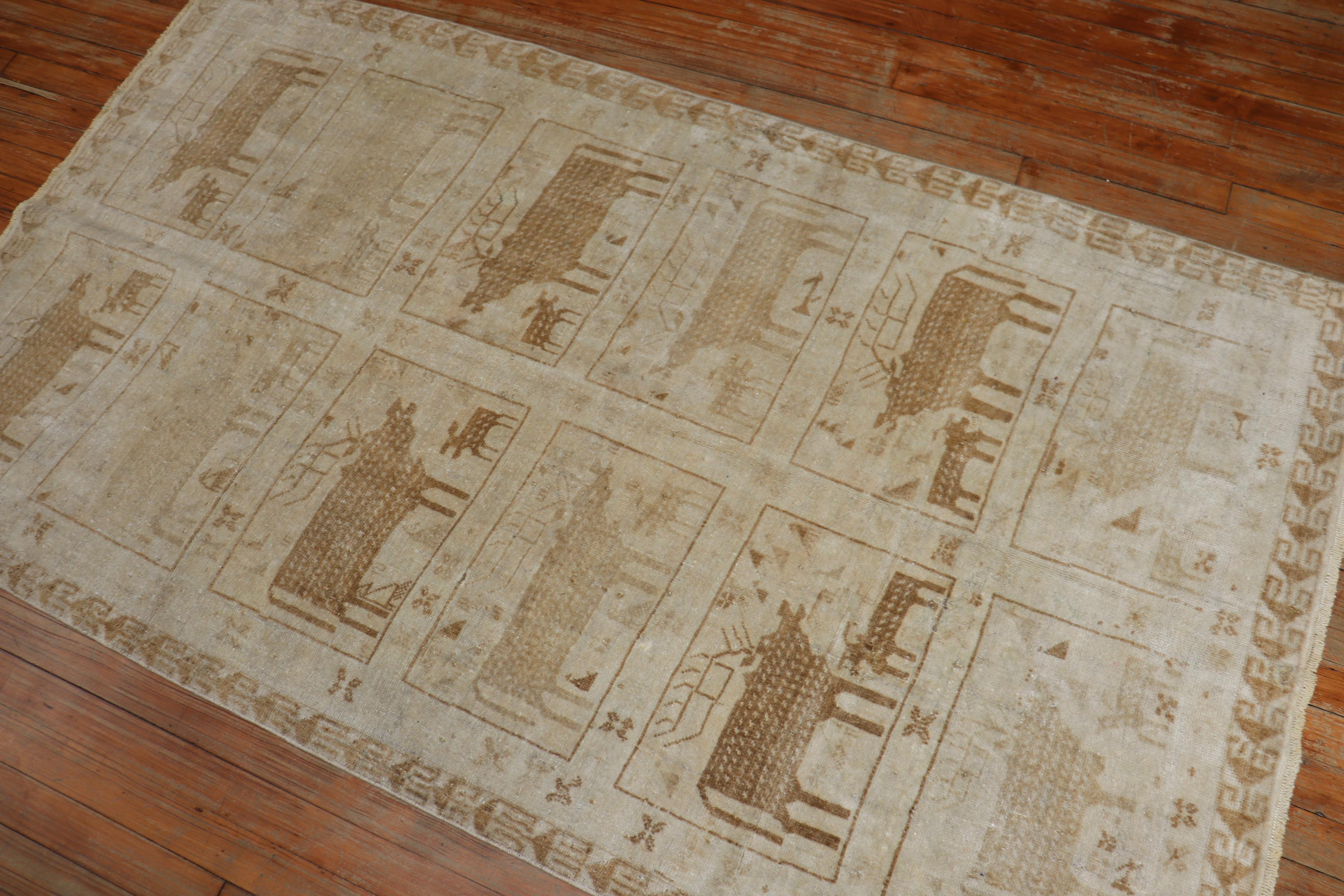 Mid-20th Century Persian Animal Motif Goat Deer Scatter Neutral Color Rug