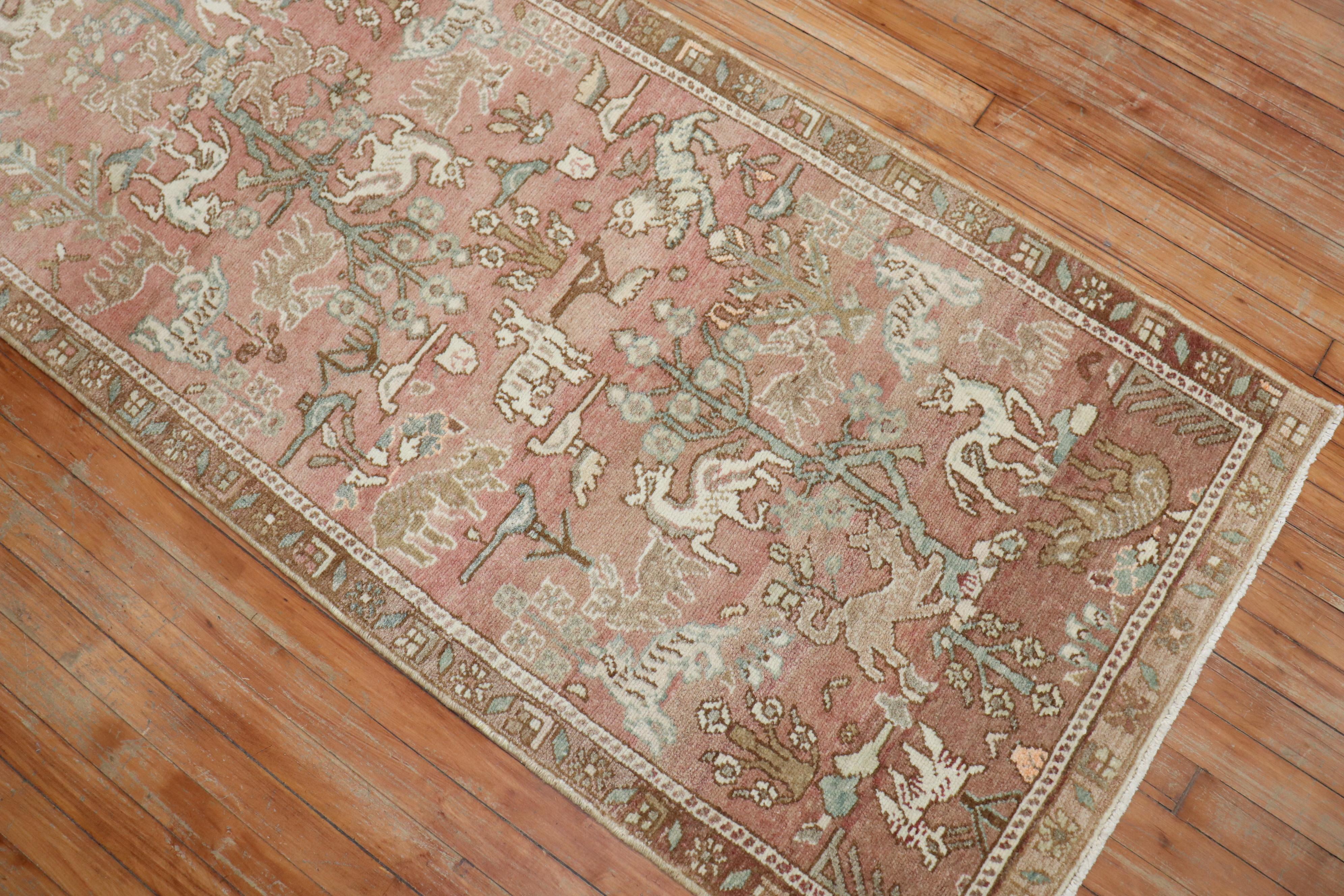 Hand-Woven Persian Animal Pictorial Pink Color Runner For Sale