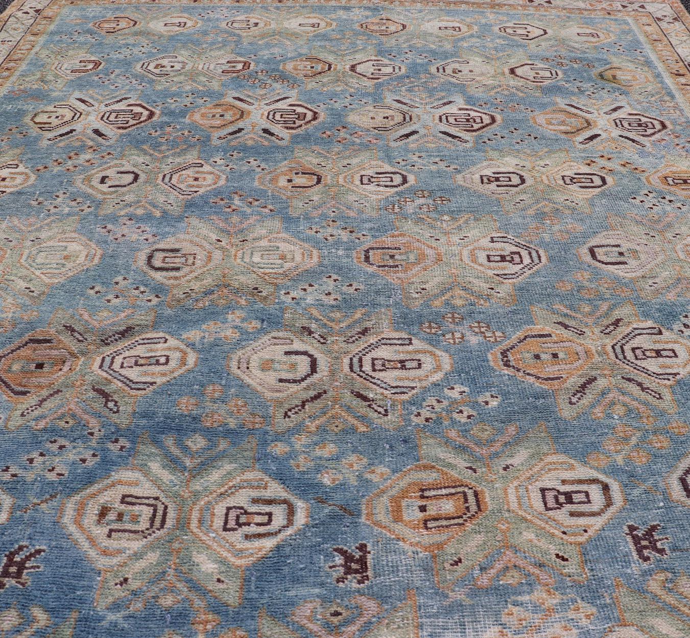 Malayer Persian Antique Afshar Rug in Light Blue Background With Tribal Floral Motifs  For Sale