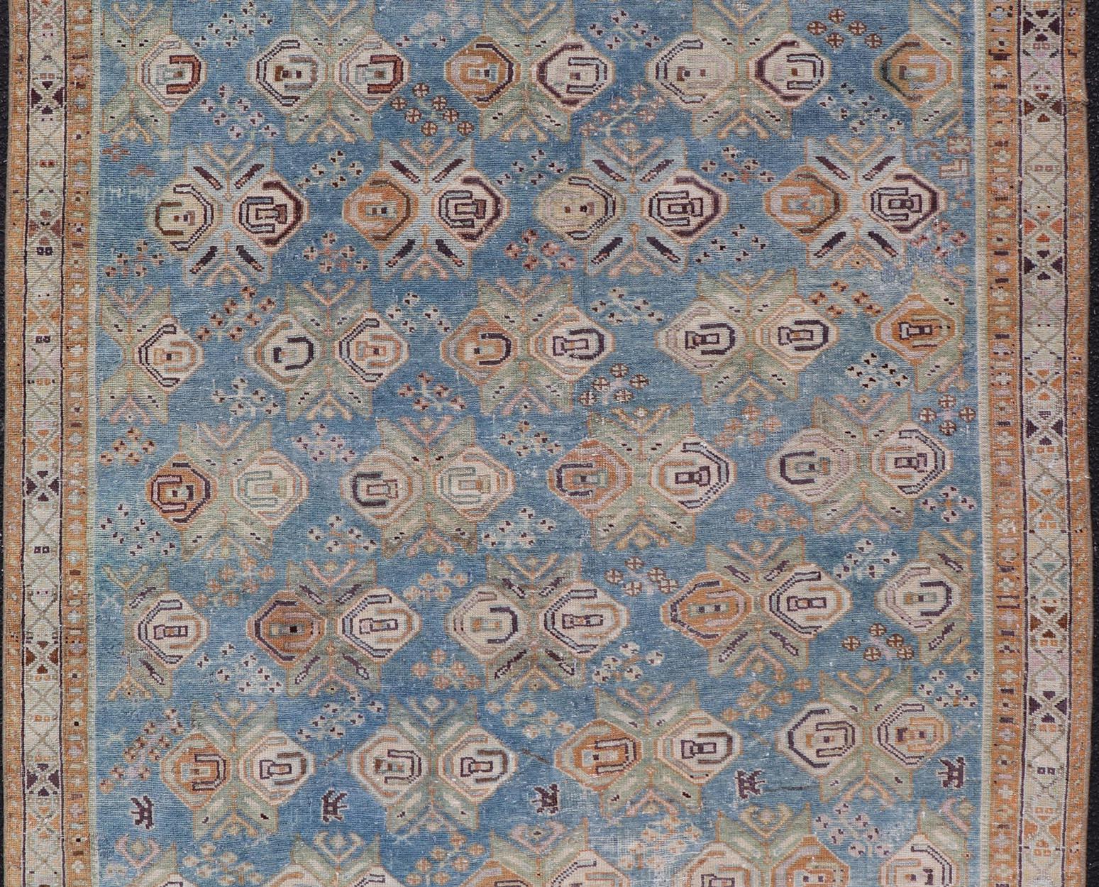 Persian Antique Afshar Rug in Light Blue Background With Tribal Floral Motifs  For Sale 1