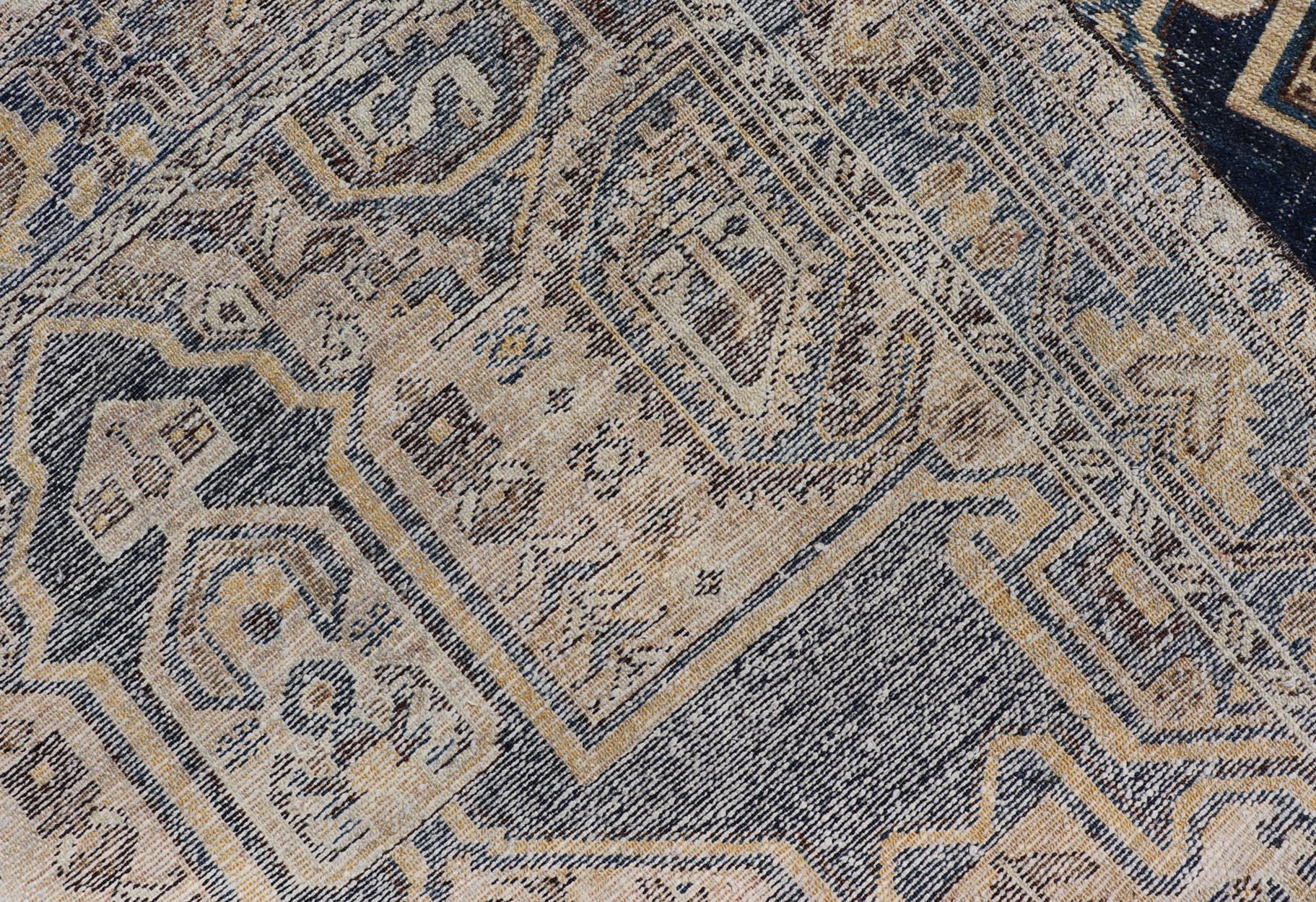 Persian Antique Hamadan Rug In Blue With A Medallion and Geometric Design For Sale 3