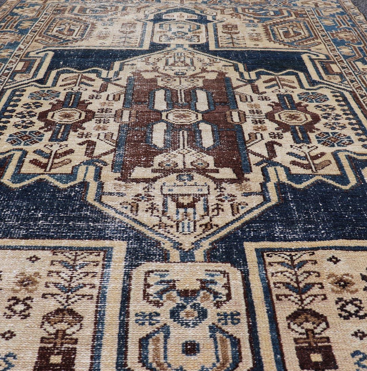 Malayer Persian Antique Hamadan Rug In Blue With A Medallion and Geometric Design For Sale