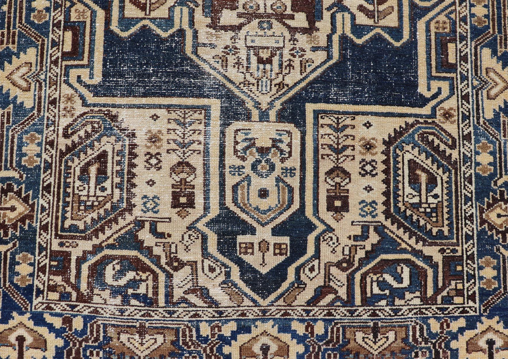 Hand-Knotted Persian Antique Hamadan Rug In Blue With A Medallion and Geometric Design For Sale