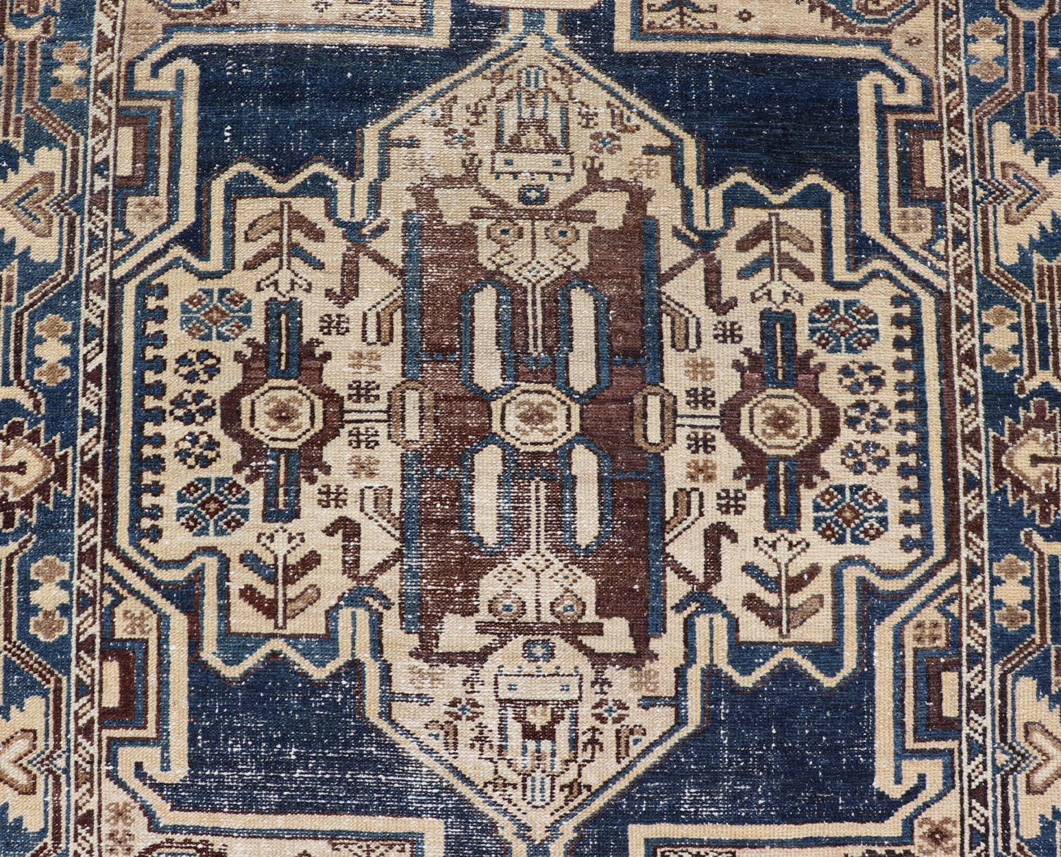 Persian Antique Hamadan Rug In Blue With A Medallion and Geometric Design In Good Condition For Sale In Atlanta, GA