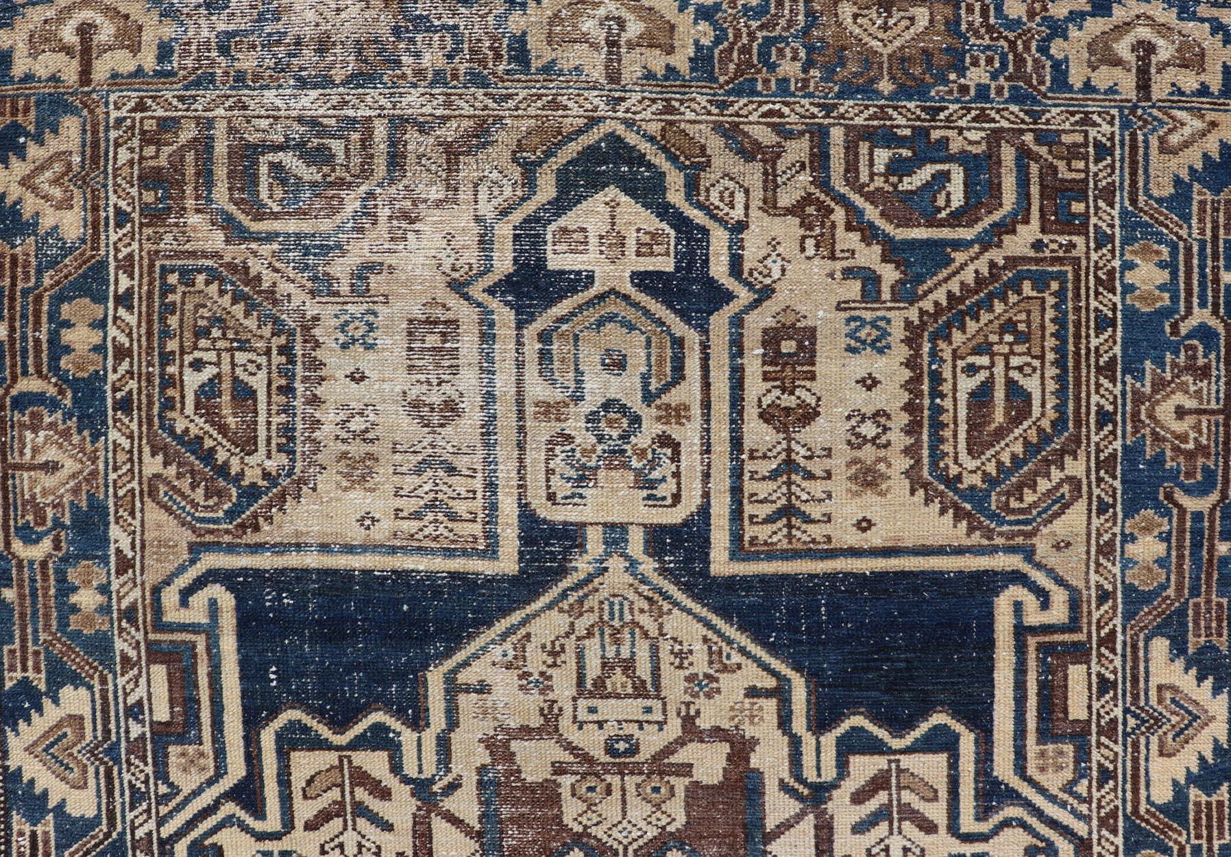 20th Century Persian Antique Hamadan Rug In Blue With A Medallion and Geometric Design For Sale