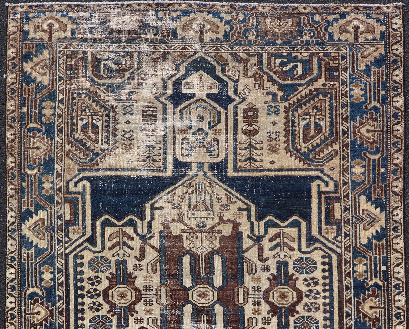 Wool Persian Antique Hamadan Rug In Blue With A Medallion and Geometric Design For Sale