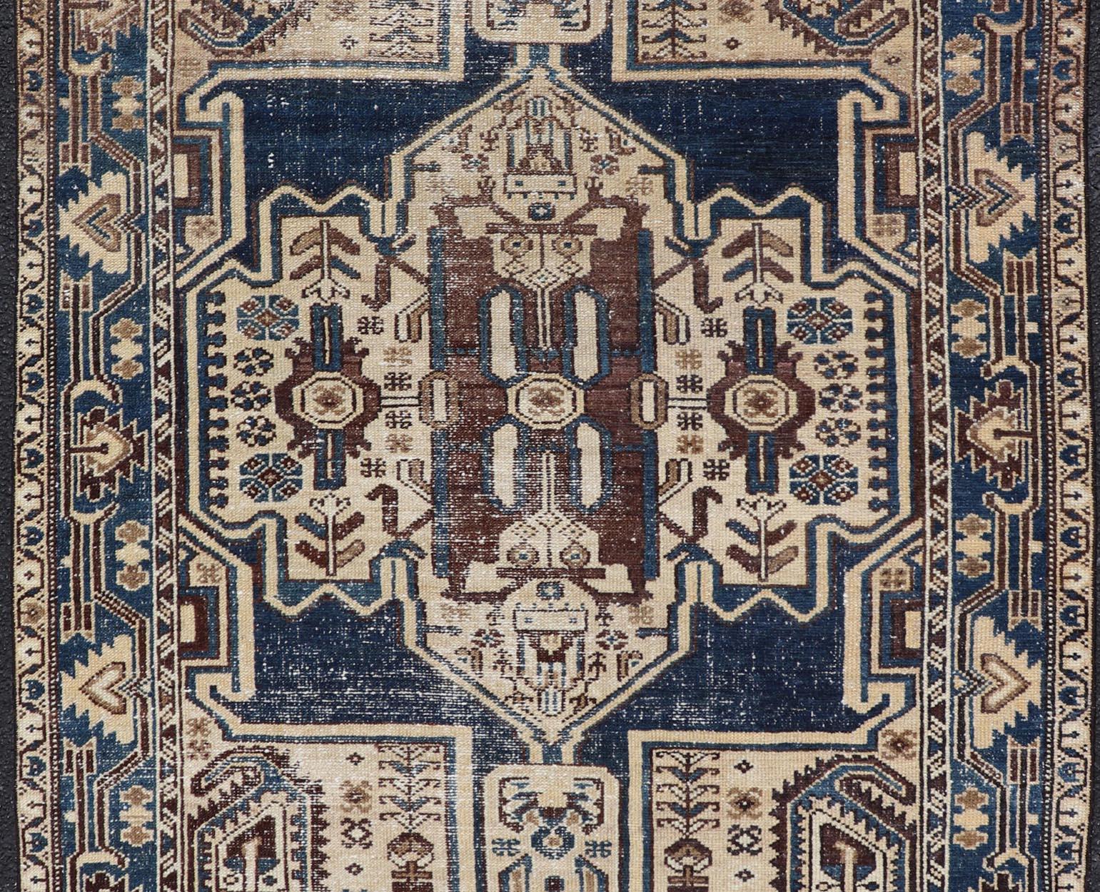 Persian Antique Hamadan Rug In Blue With A Medallion and Geometric Design For Sale 1