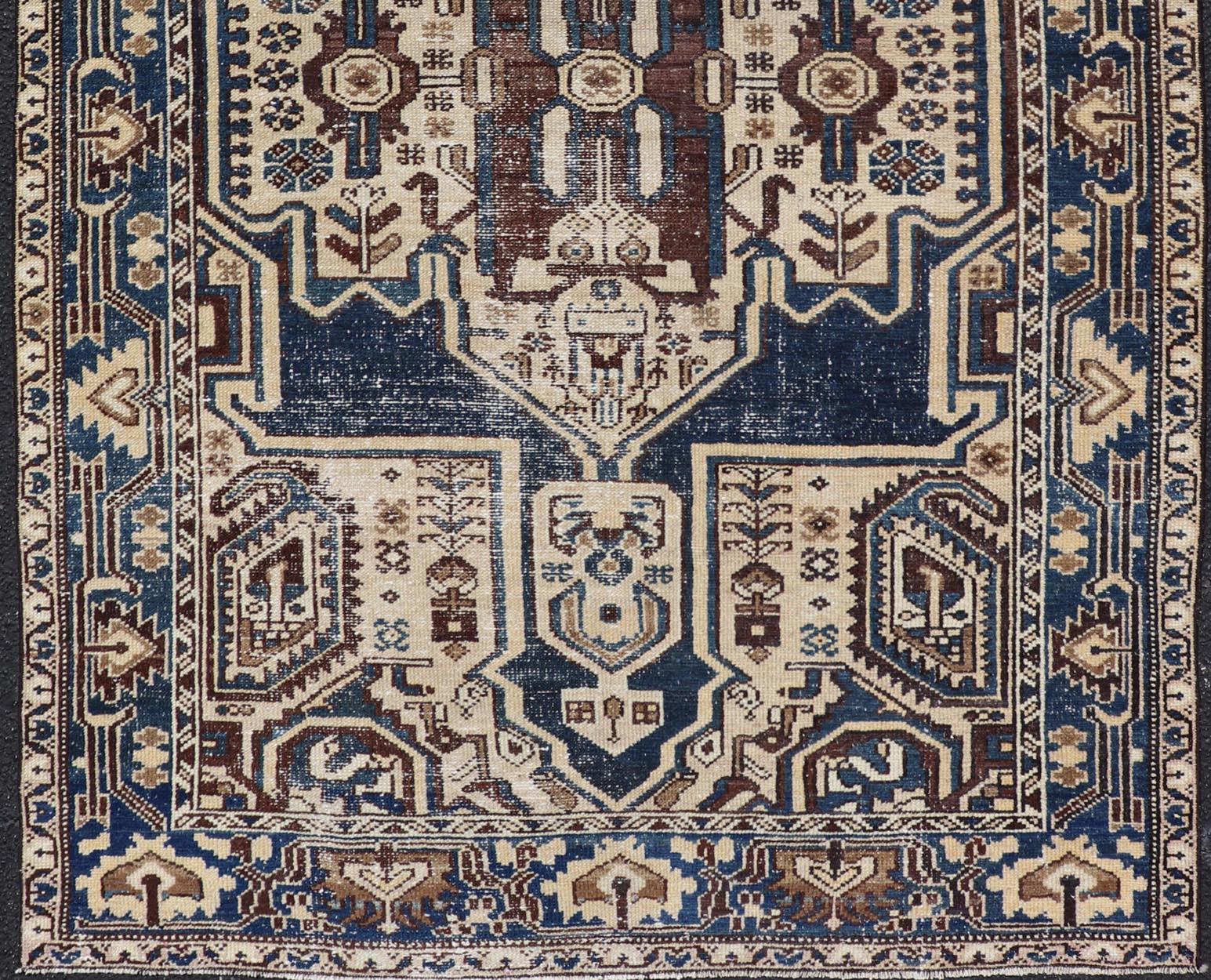 Persian Antique Hamadan Rug In Blue With A Medallion and Geometric Design For Sale 2