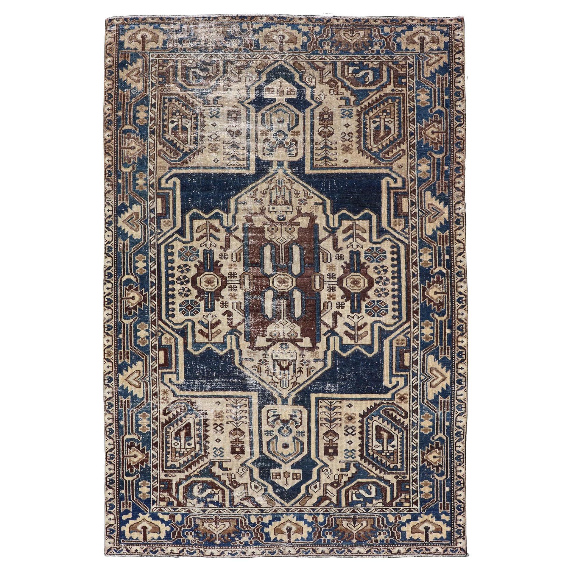 Persian Antique Hamadan Rug In Blue With A Medallion and Geometric Design