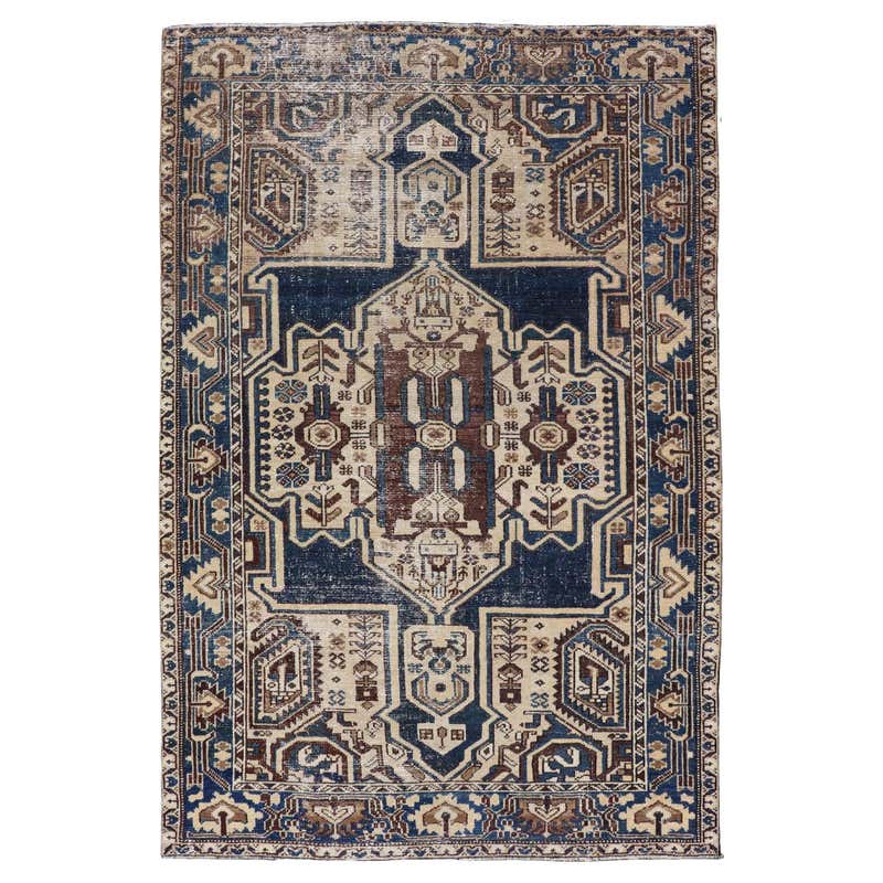 Antique Persian Nahavand Rug with Vivid Geometric Patterns 4'3