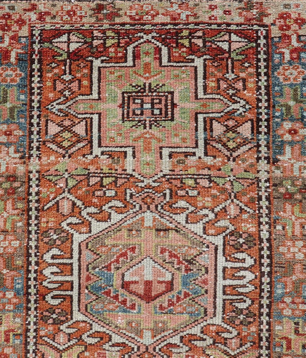 Persian Antique Heriz Distressed Small Runner with Geometrics in Multi-Color For Sale 3