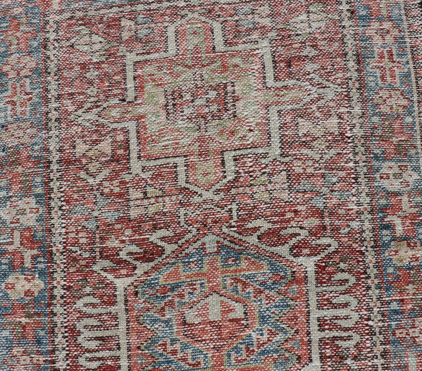 Persian Antique Heriz Distressed Small Runner with Geometrics in Multi-Color For Sale 4