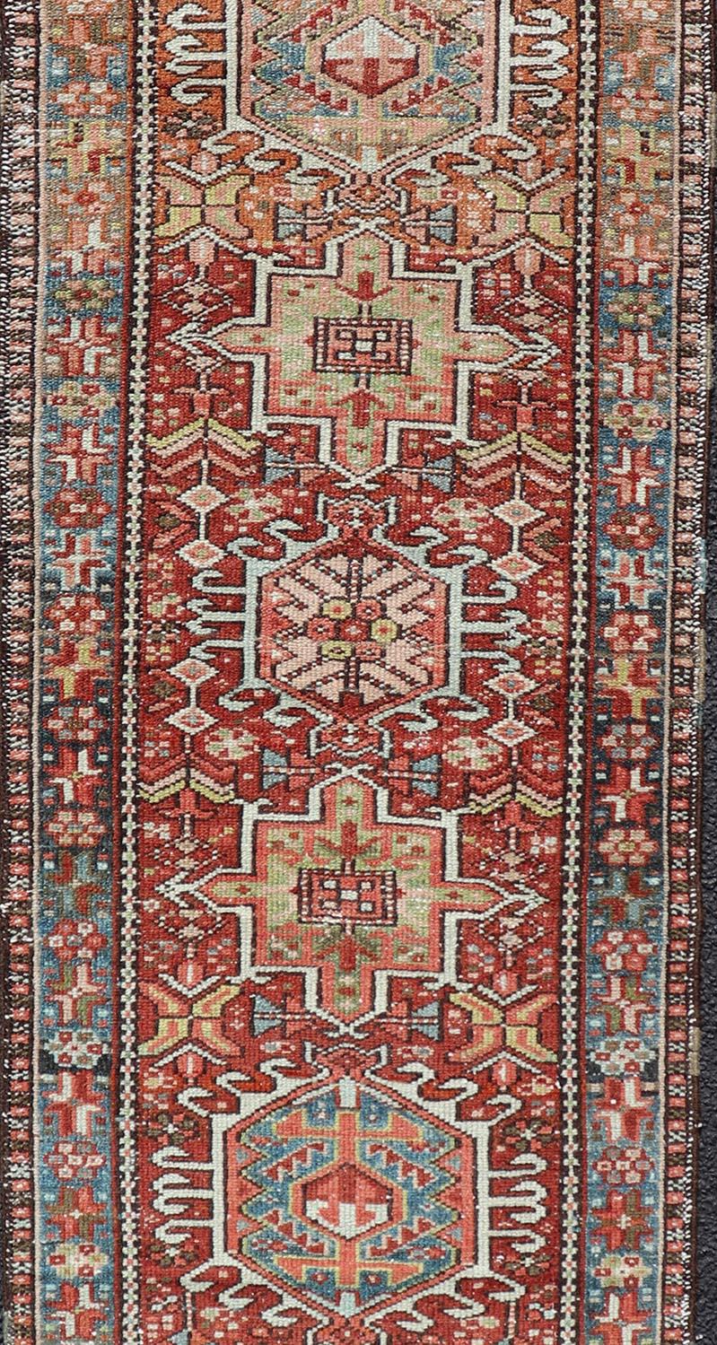 Hand-Knotted Persian Antique Heriz Distressed Small Runner with Geometrics in Multi-Color For Sale