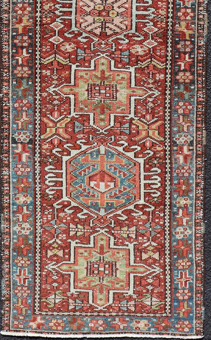 Persian Antique Heriz Distressed Small Runner with Geometrics in Multi-Color In Good Condition For Sale In Atlanta, GA