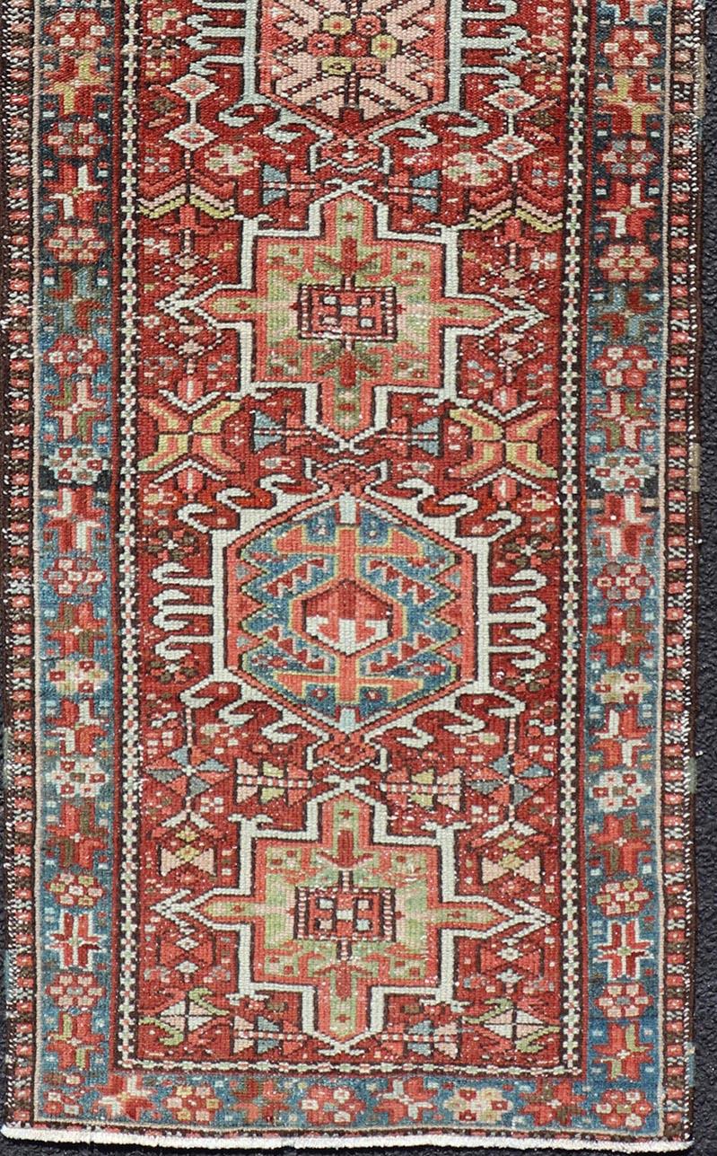 Persian Antique Heriz Distressed Small Runner with Geometrics in Multi-Color In Good Condition In Atlanta, GA