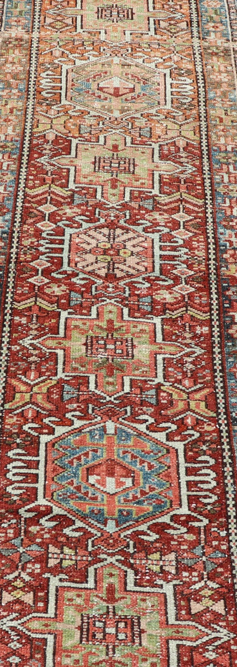 Wool Persian Antique Heriz Distressed Small Runner with Geometrics in Multi-Color For Sale