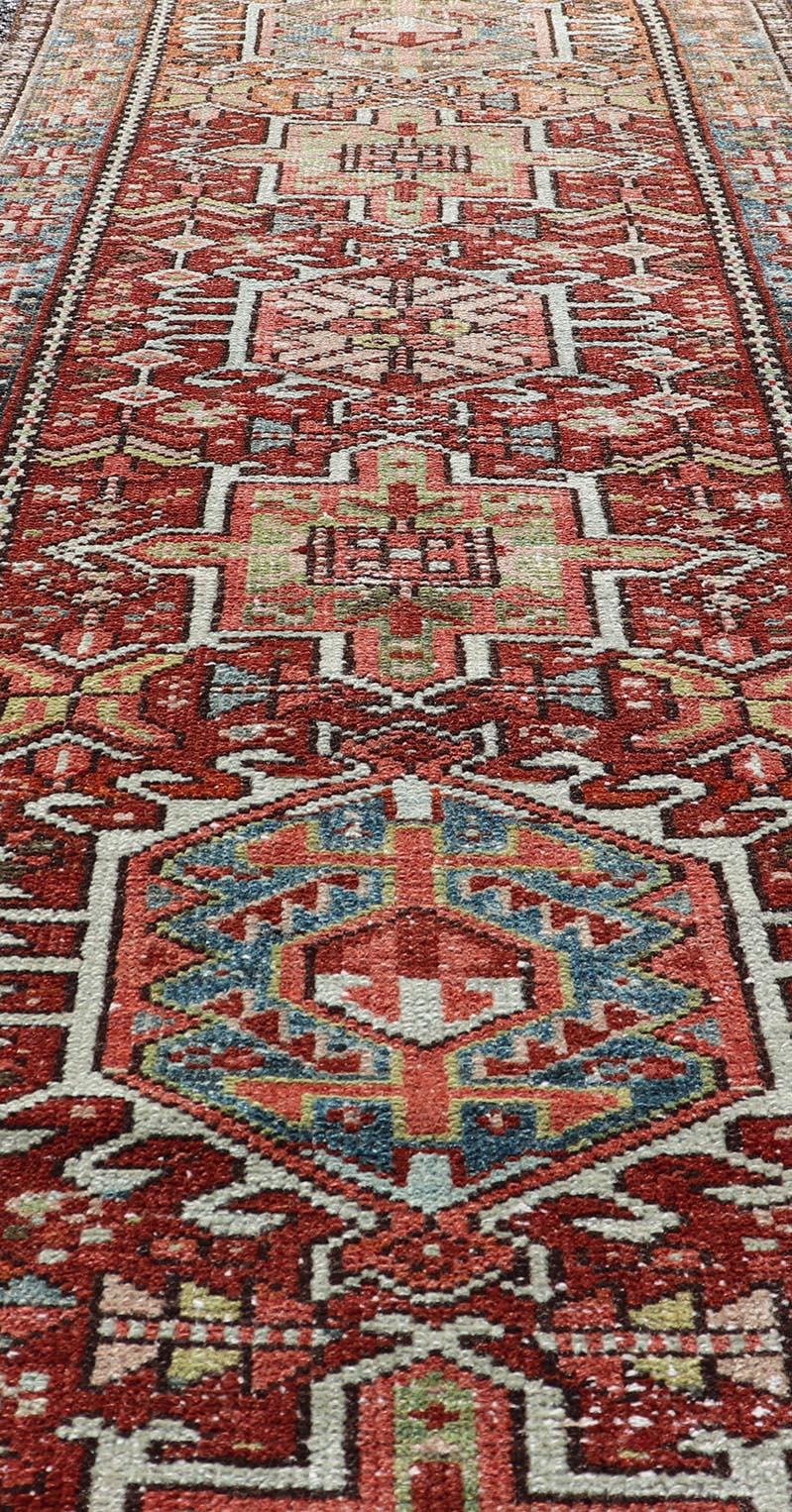 Persian Antique Heriz Distressed Small Runner with Geometrics in Multi-Color For Sale 1
