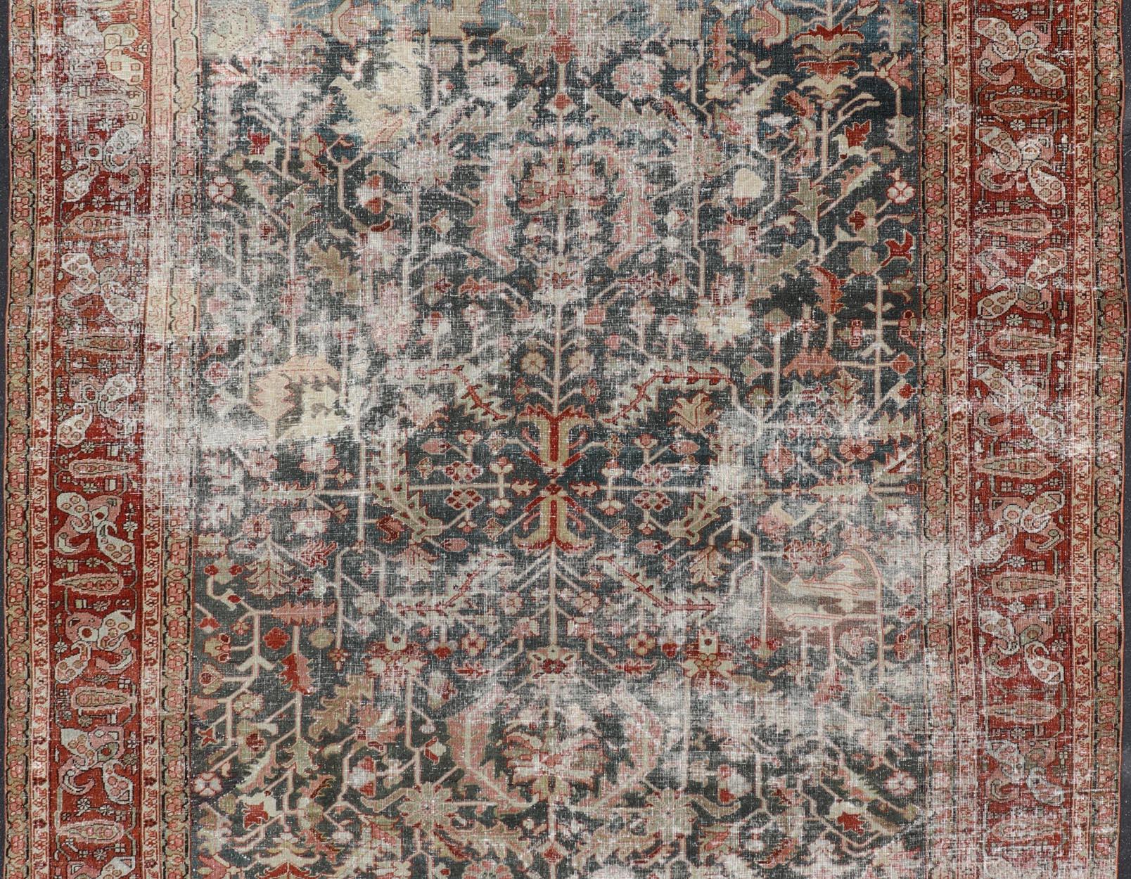 Persian Antique Heriz Rug with All-Over Geometric Design in Gray-Blue and Red  For Sale 3